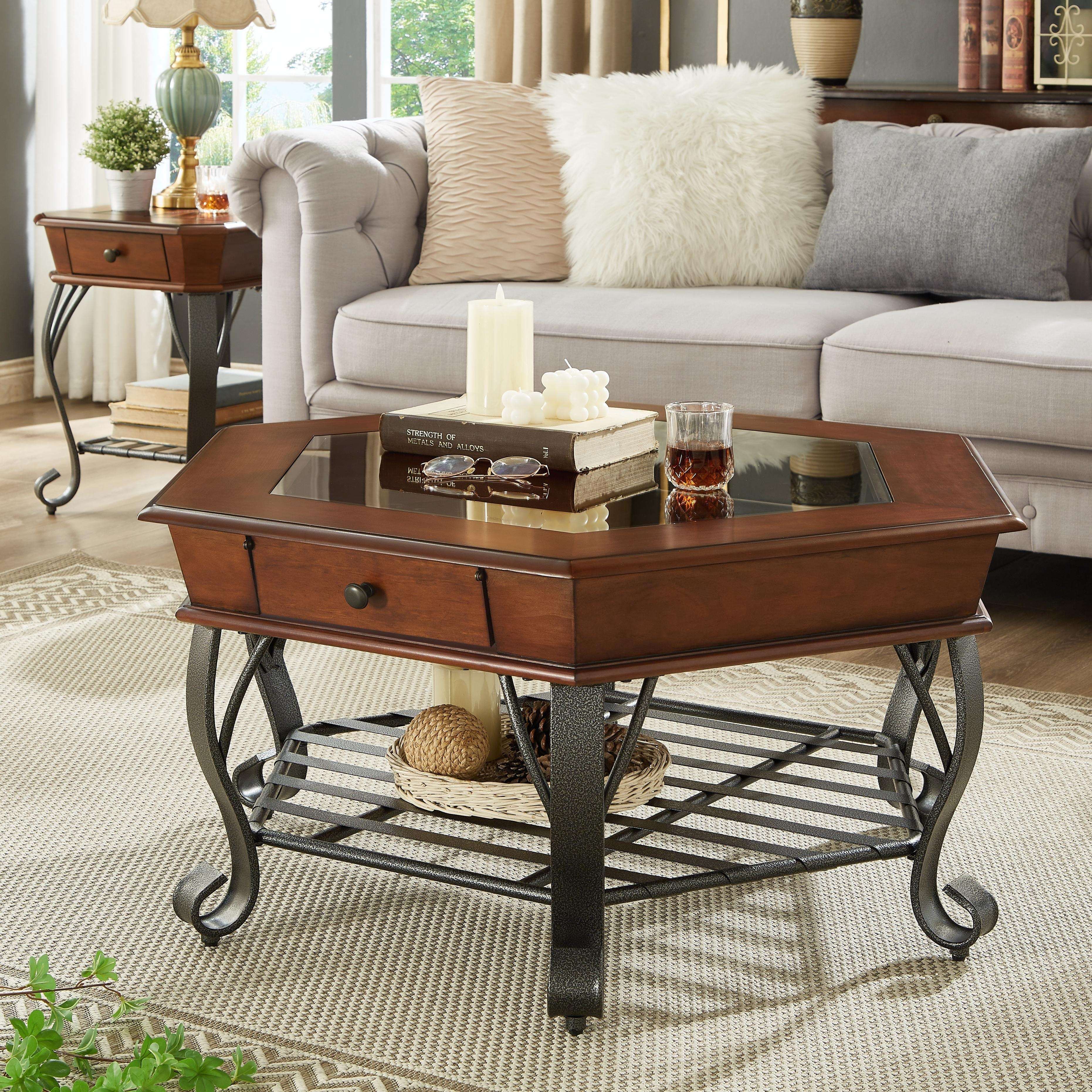 Wood Coffee Table, Vintage, Hexagon, Glass Top, With Drawer Storage