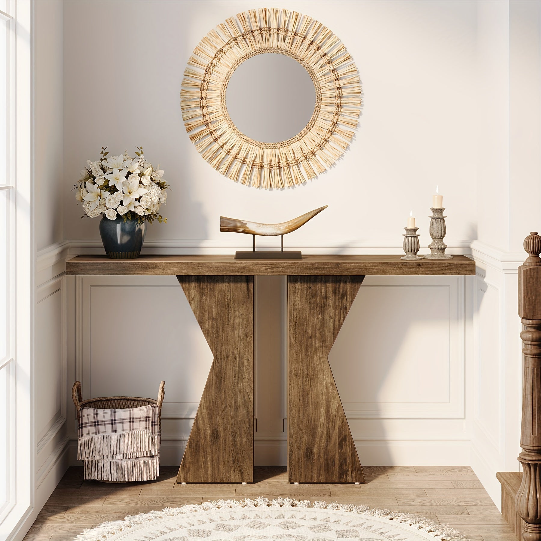 Farmhouse Entryway Table: 140 cm Console Table Designed for Behind The Sofa or Narrow Hallway, Foyer Entry Table with K-Shaped Frame