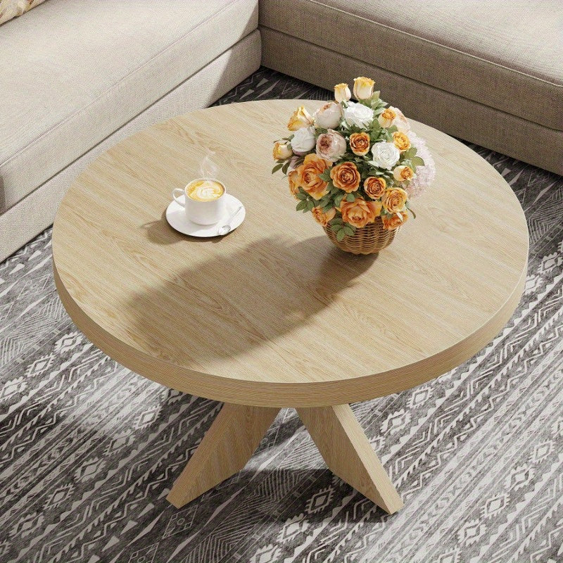 Elegant 79cm Round Wooden Coffee Table with Dual X-Shaped Legs - Modern Centerpiece for Living Room