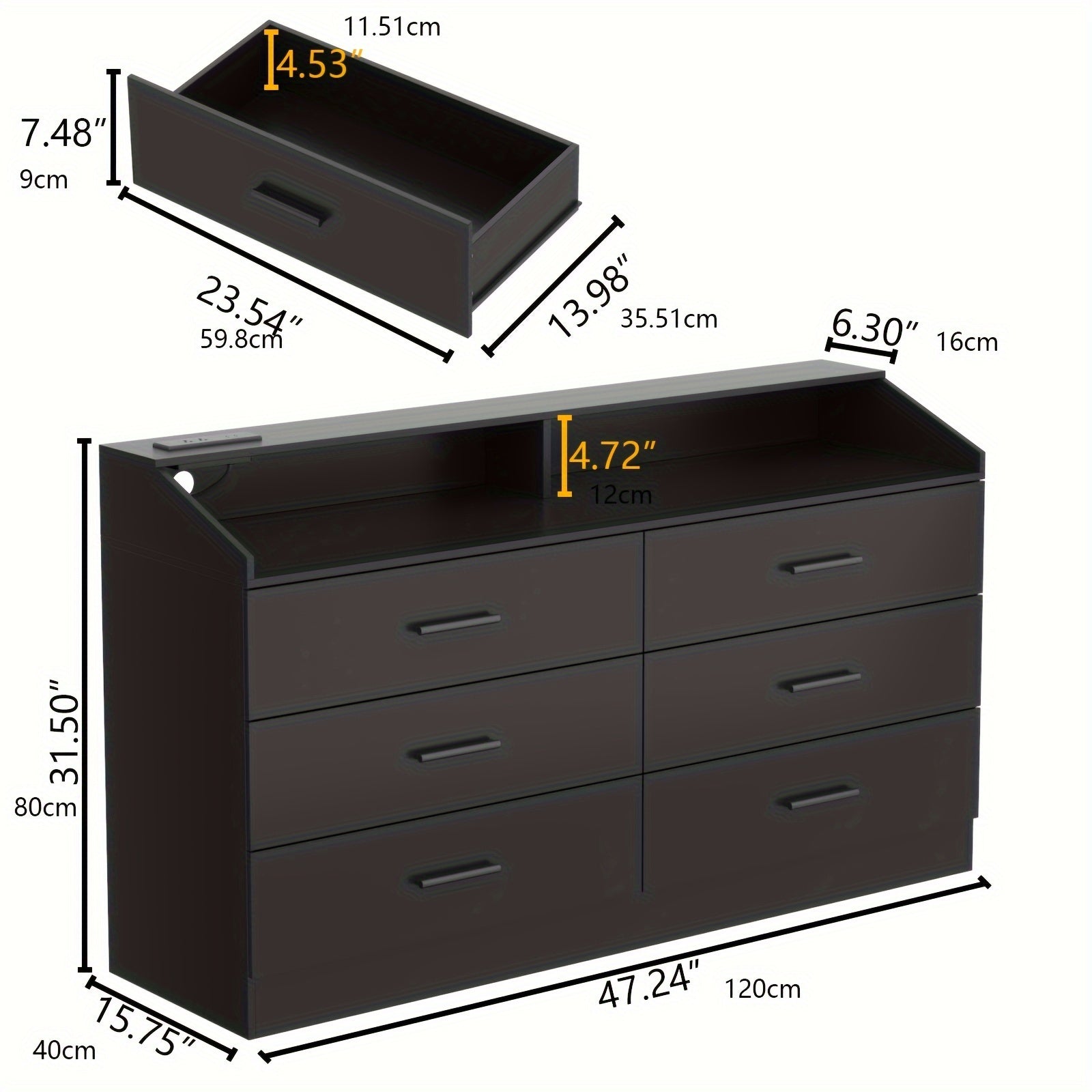 White/Black Dresser For Bedroom With 6 Drawers, Modern Dresser With Power Outlet, Chest Of Drawers For Closet, Drawer Dresser With Open Storage Cubby, Dresser Organizer For Bedroom, Living Room, Entryway, Hallway