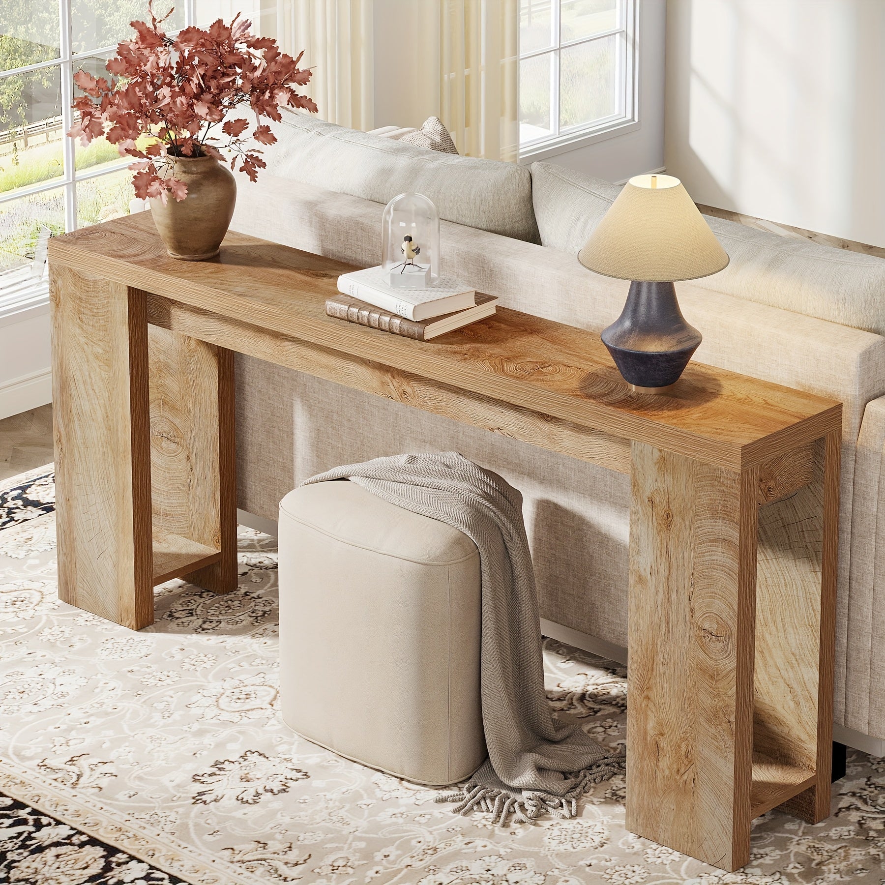 Chic 180 cm Light Oak Brown Console Table - Modern Farmhouse Style, Space-Saving Design with Ample Storage & Display Space for Entryway, Living Room, Hallway - Features Natural Wood Grain & Minimalist Elegance, Home Decor