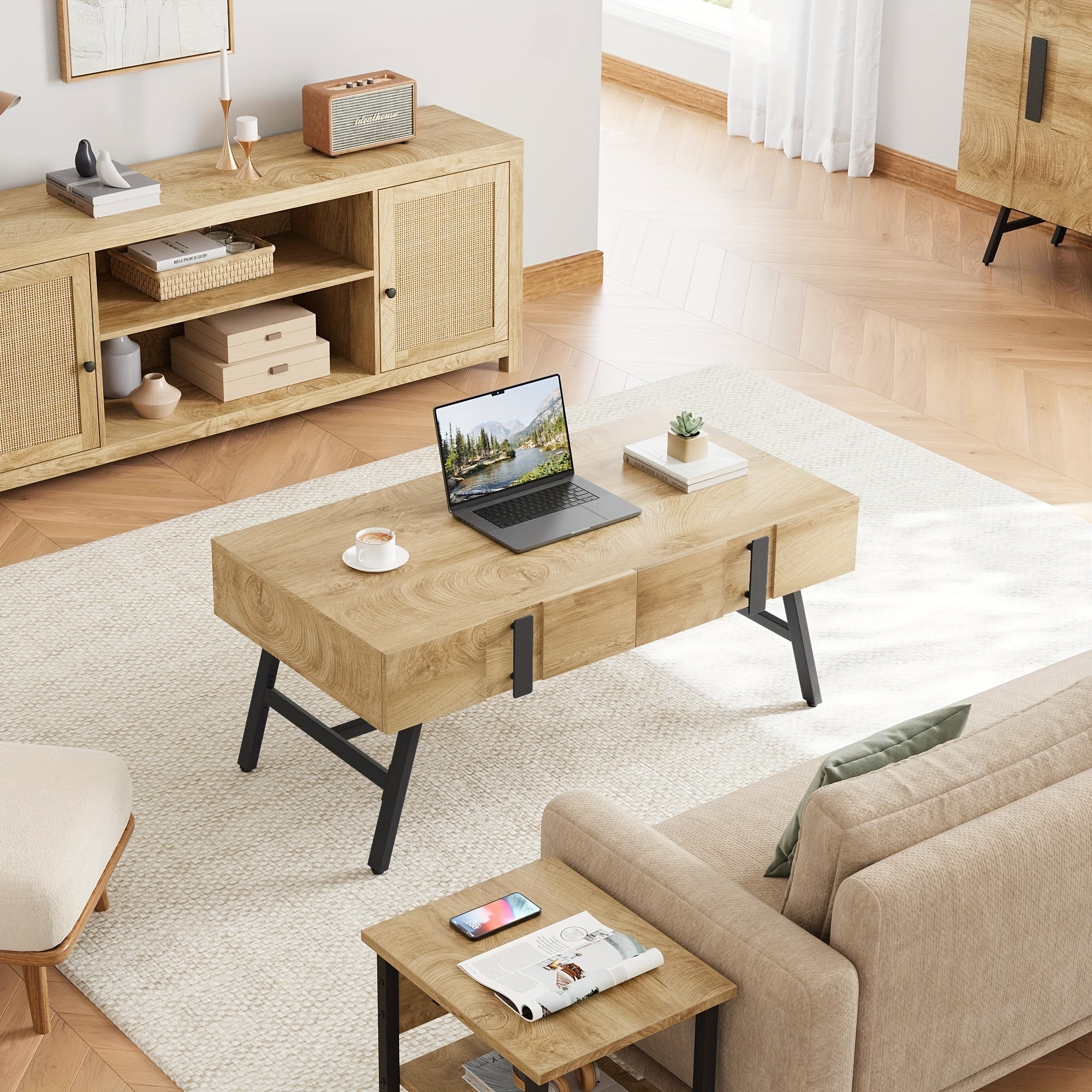 Mid-Century Modern Coffee Table With Drawer, 42" Industrial-Style Center Table With Storage And Open Shelf, Rectangle Wood Table With Metal Frame