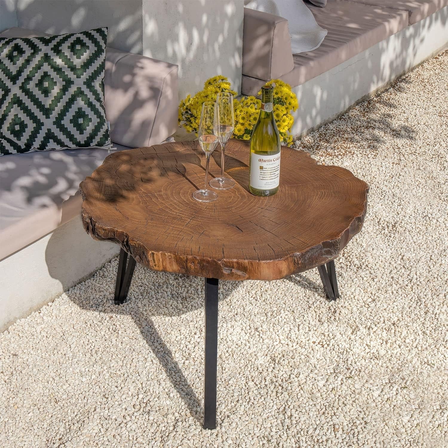 81cm Indoor Outdoor Faux Wood Tree Slicing Coffee Table, Natural Oak Hand Painted Finish, 3 Black Metal Legs