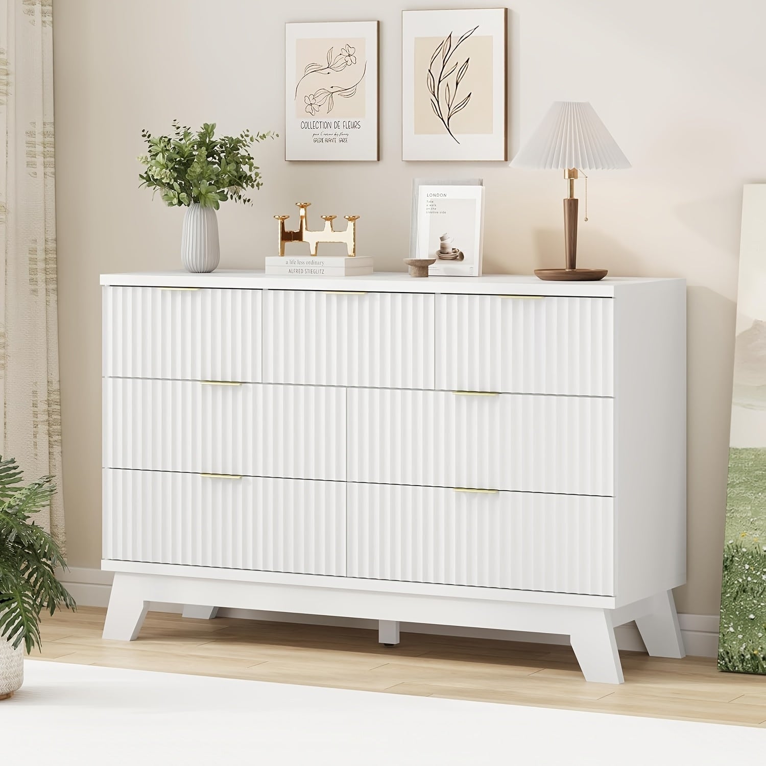 Elegant 7-Drawer Fluted Dresser in Pure White - Modern Bedroom Storage with Golden Metal Handles, Sturdy Hardwood Construction, Easy Assembly, Perfect for Bedroom & Living Room Decor