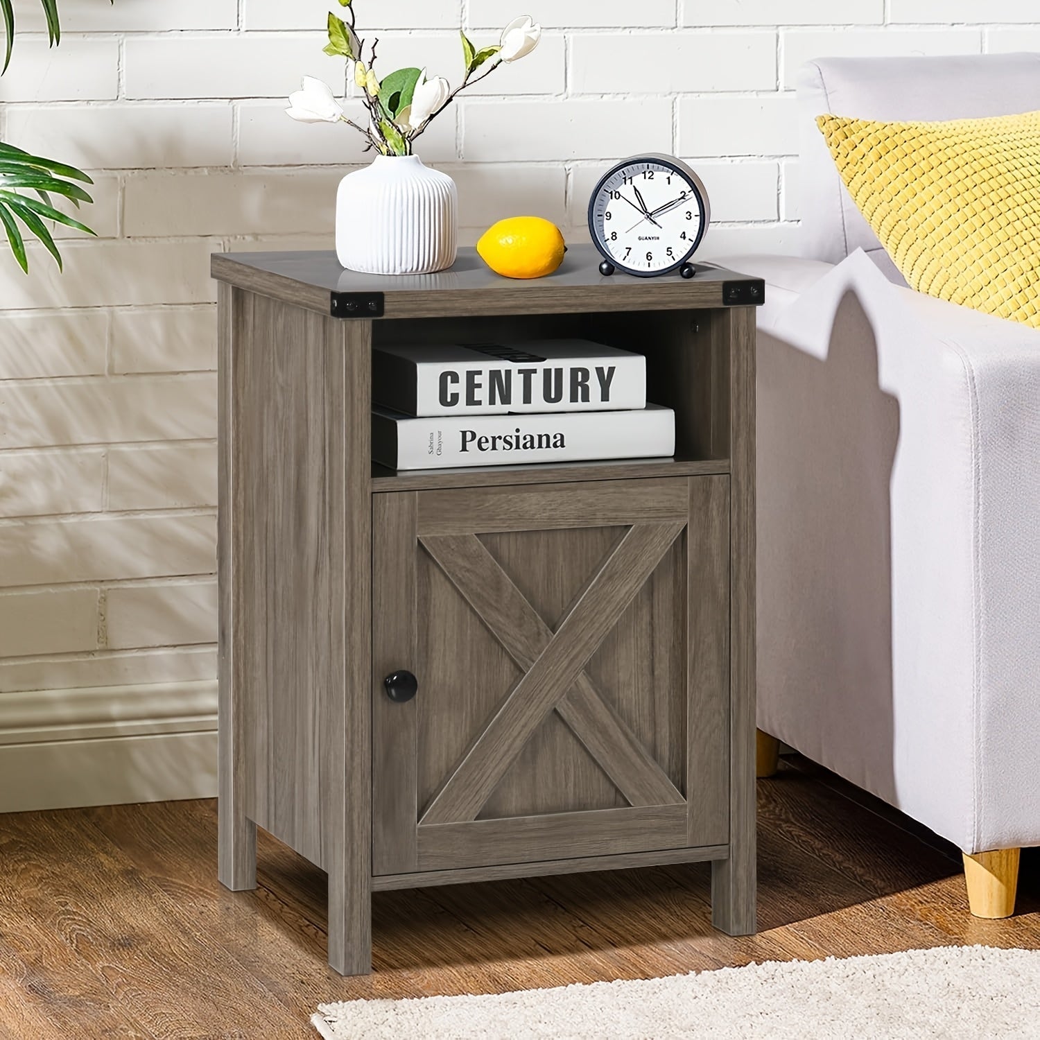 Farmhouse Nightstand, Side Table, End Table With Barn Door And Shelf, Rustic Modern Bed Night Stand For Bedroom Living Room Locker, White Grey Oak For Lab