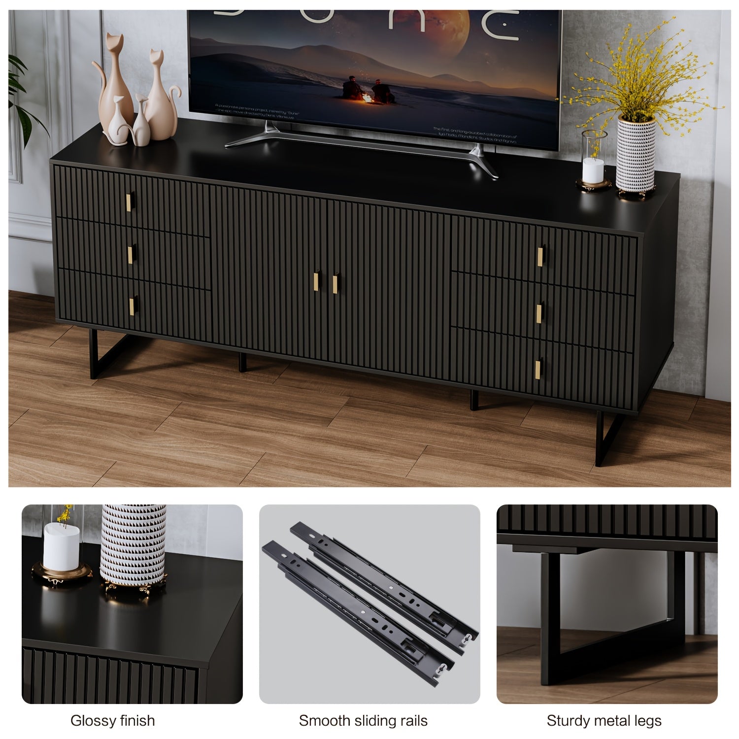 TV Stand For 59+ Inch TV, Modern Living Room Entertainment Center With Storage Cabinets, TV Table, Media Console With Ajustable Shelves & Cable Management, With 6 Large Storage Drawers Black