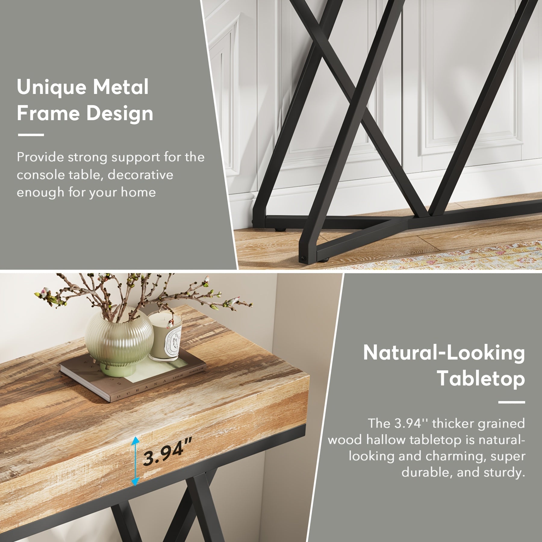 140 cm Farmhouse Industrial Entryway Table with Metal Base, Wood Console Sofa Table for Living Room, Hallway, Entrance - Black Frame with Brown Top, Under 90.7 L Storage Capacity, Over 68.6 cm Height