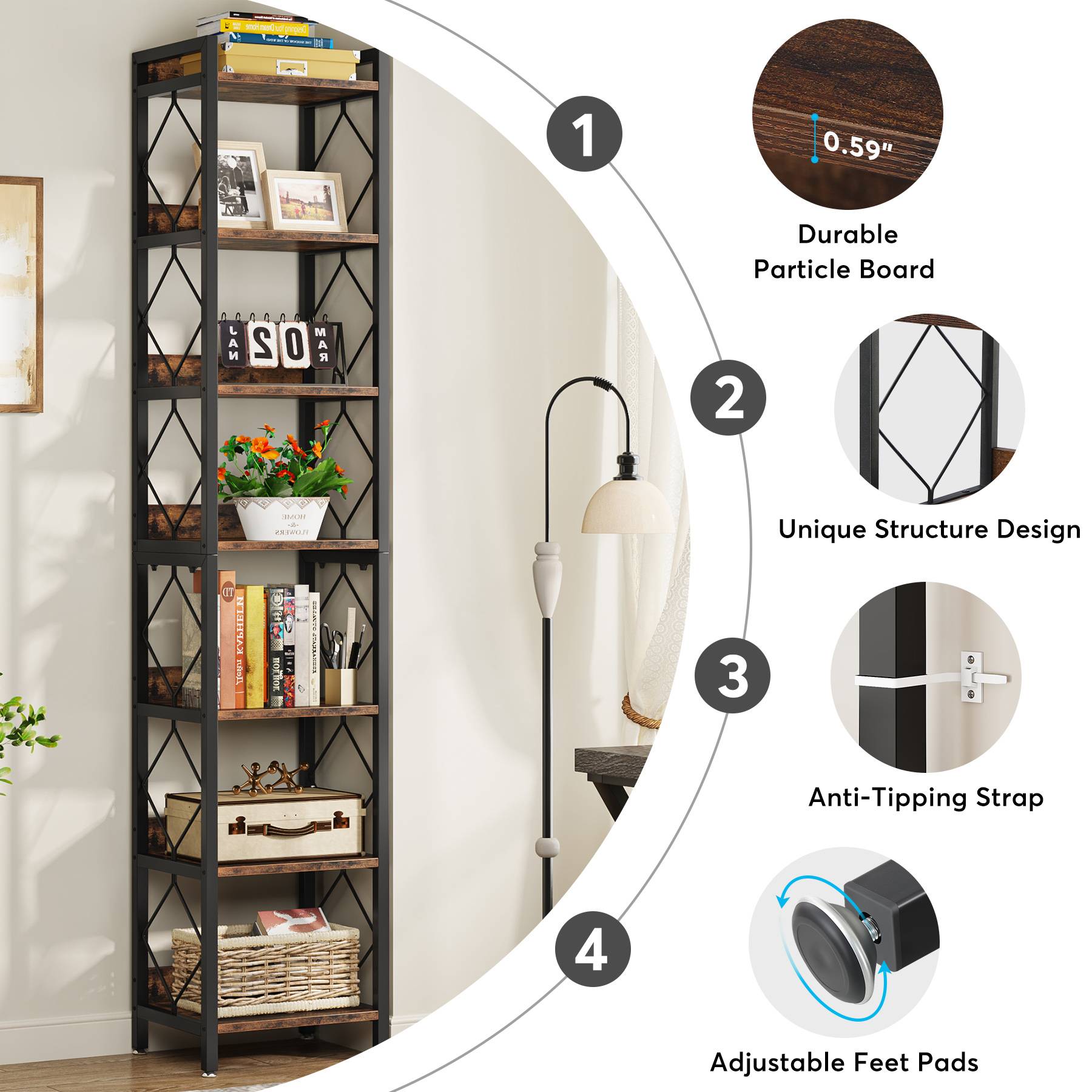 7-Tier Corner Shelf, 200 cm Narrow Bookshelf Corner Bookcase