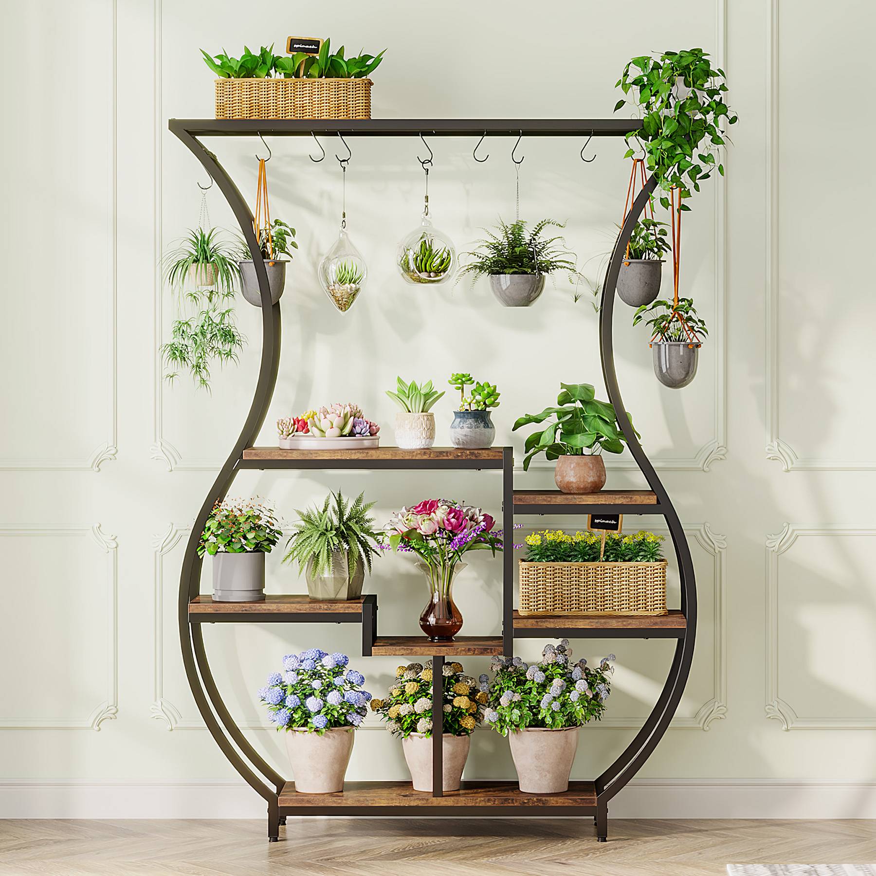 Vase-Shaped Plant Stand, 6-Tier Plant Display Rack with 10 Hanging Hooks (in cm)