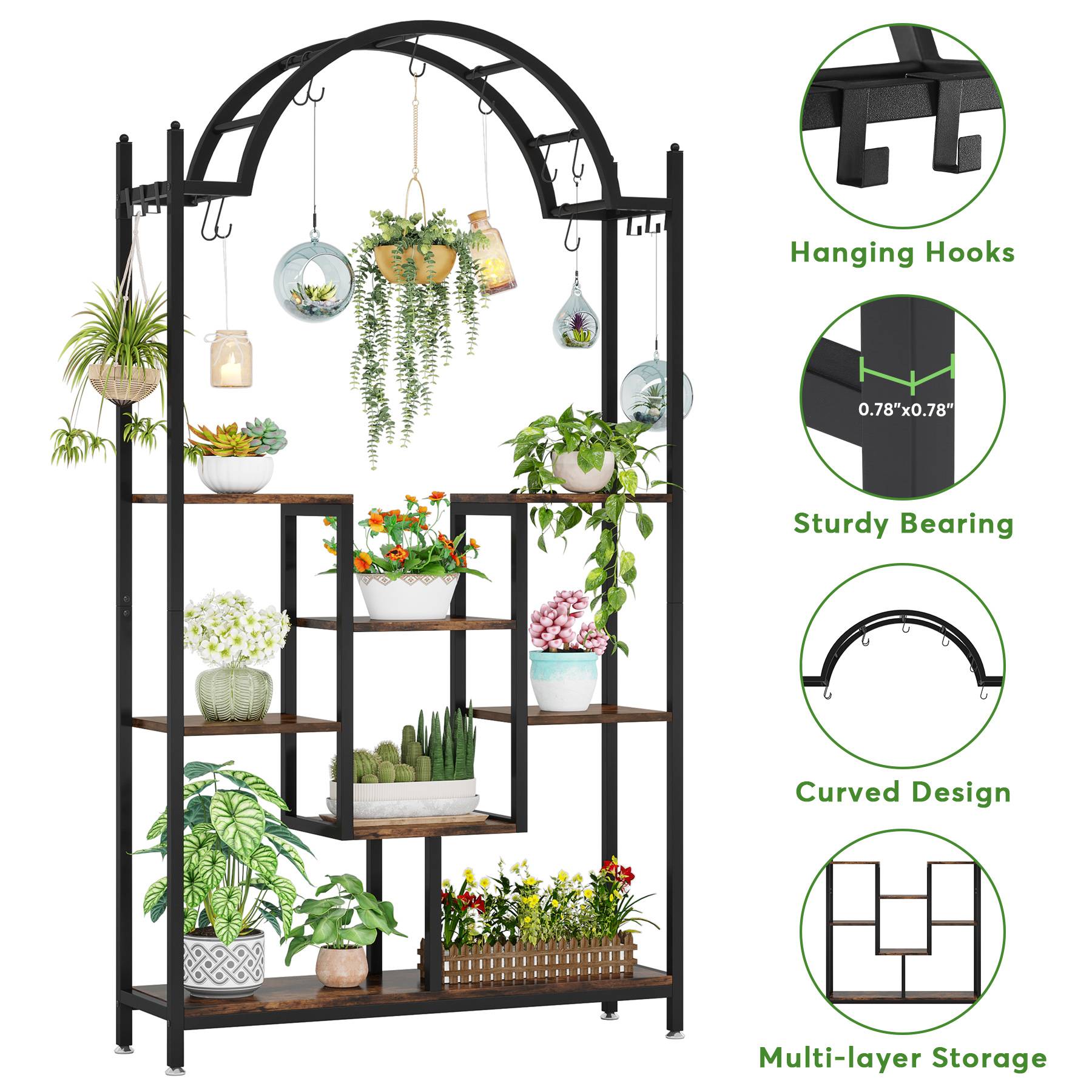 Arched Plant Stand, 190 cm Flower Stands with Hanging Hooks