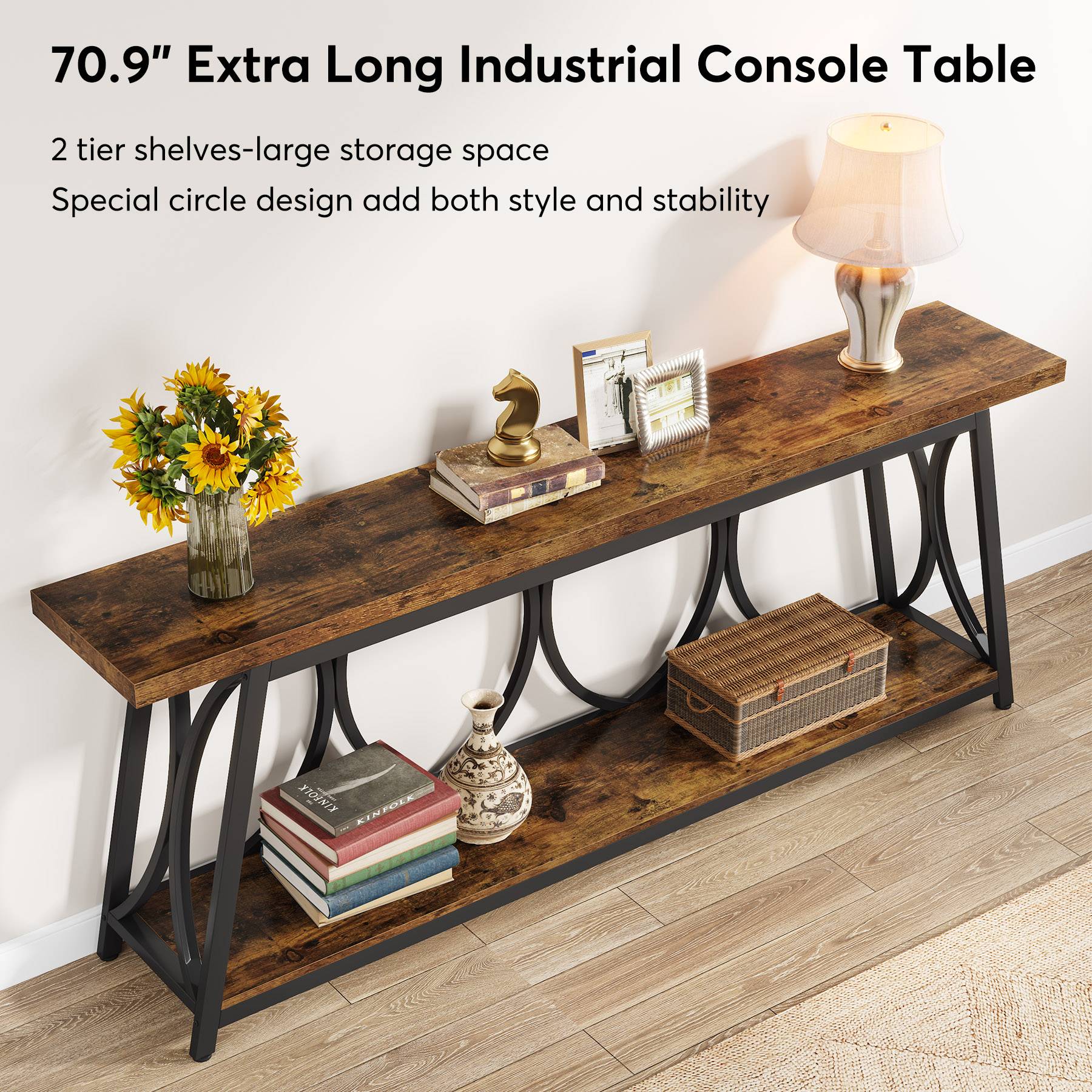 2-Tier Console Table, 180 cm Industrial Sofa Table Behind Couch with Shelves