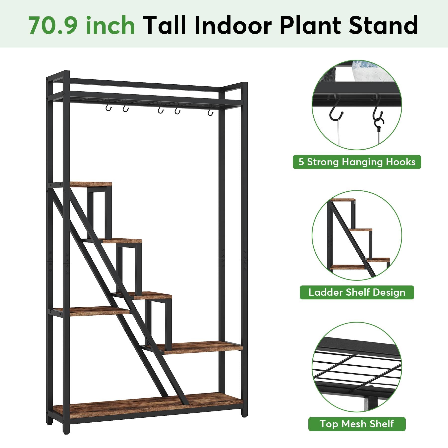 7-Tier Plant Stand, 180 cm Tall Flower Plant Shelf with 5 S-Hooks