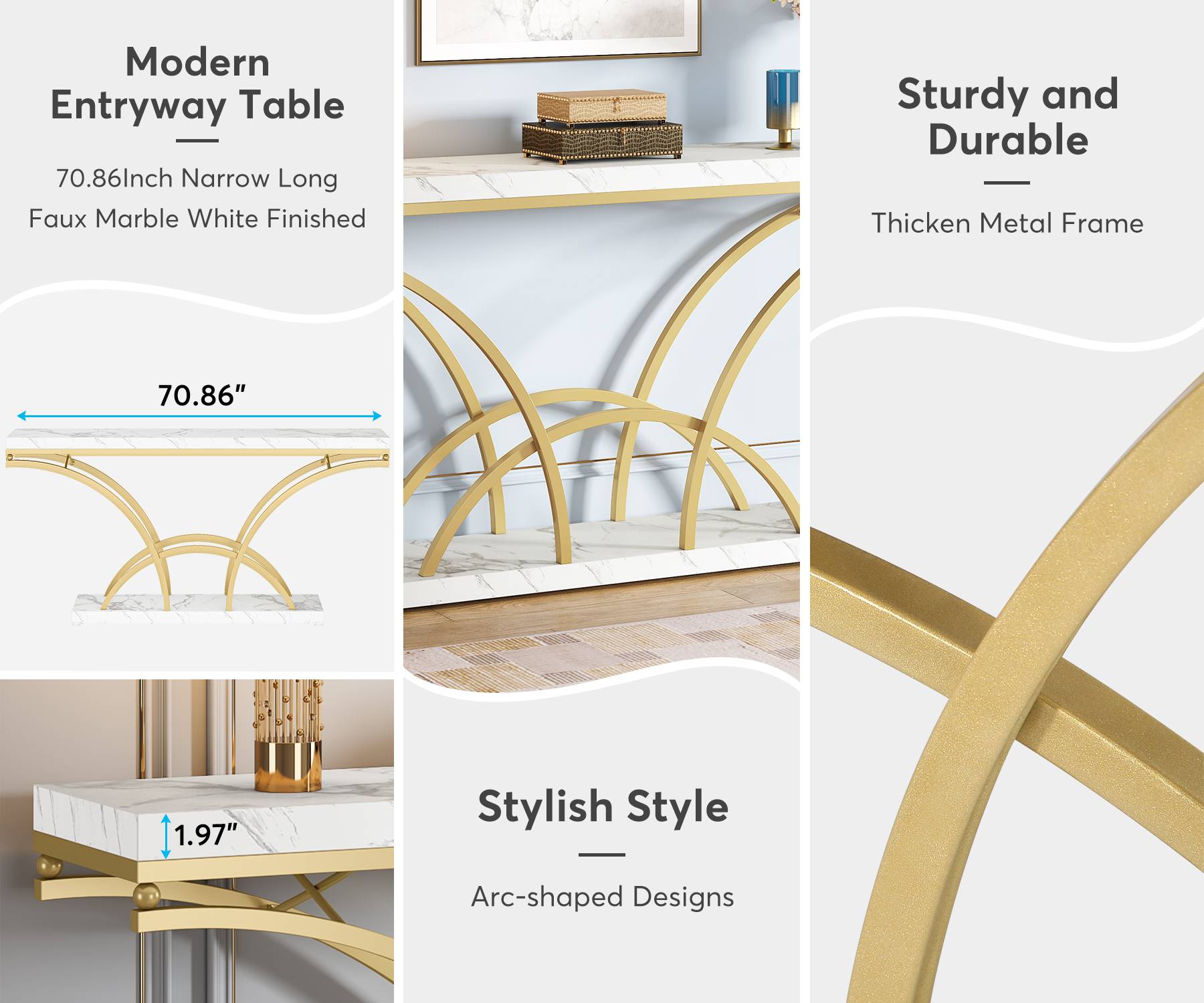 180 cm Console Table, Sofa Table with Faux Marble Tabletop for Entryway