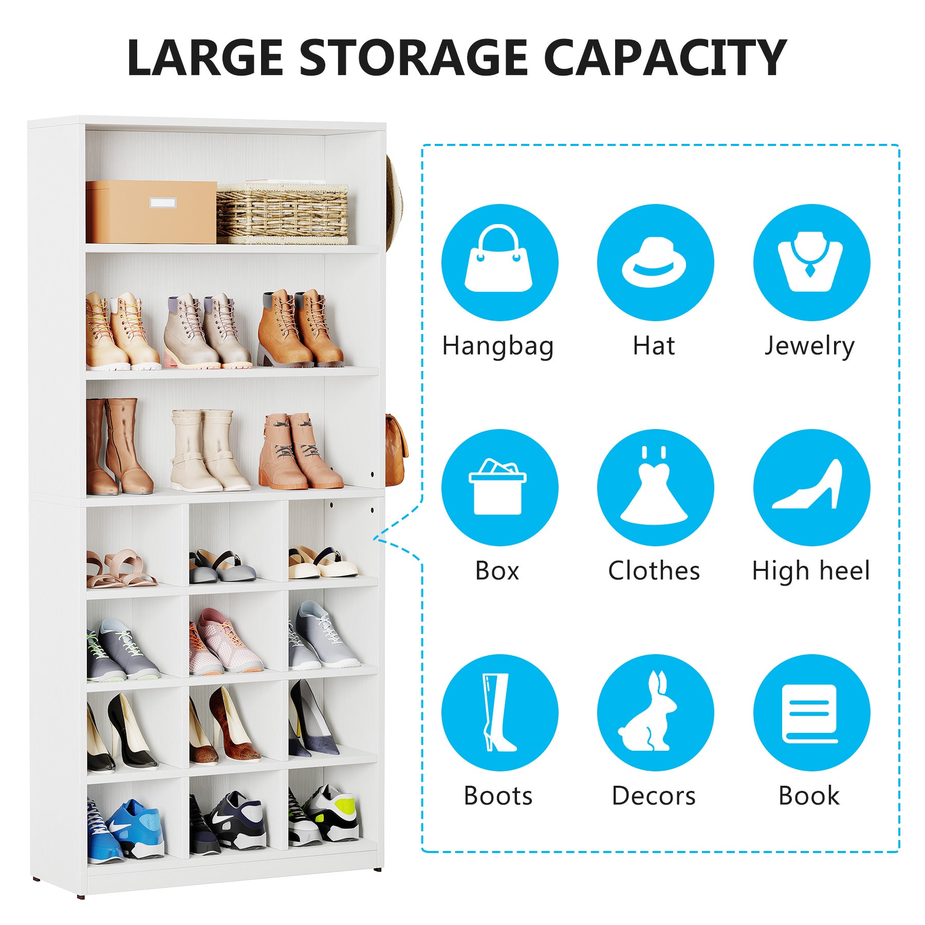 Freestanding Shoe Cabinet, 61 cm Shoe Rack for 24 Pairs with Side Hooks