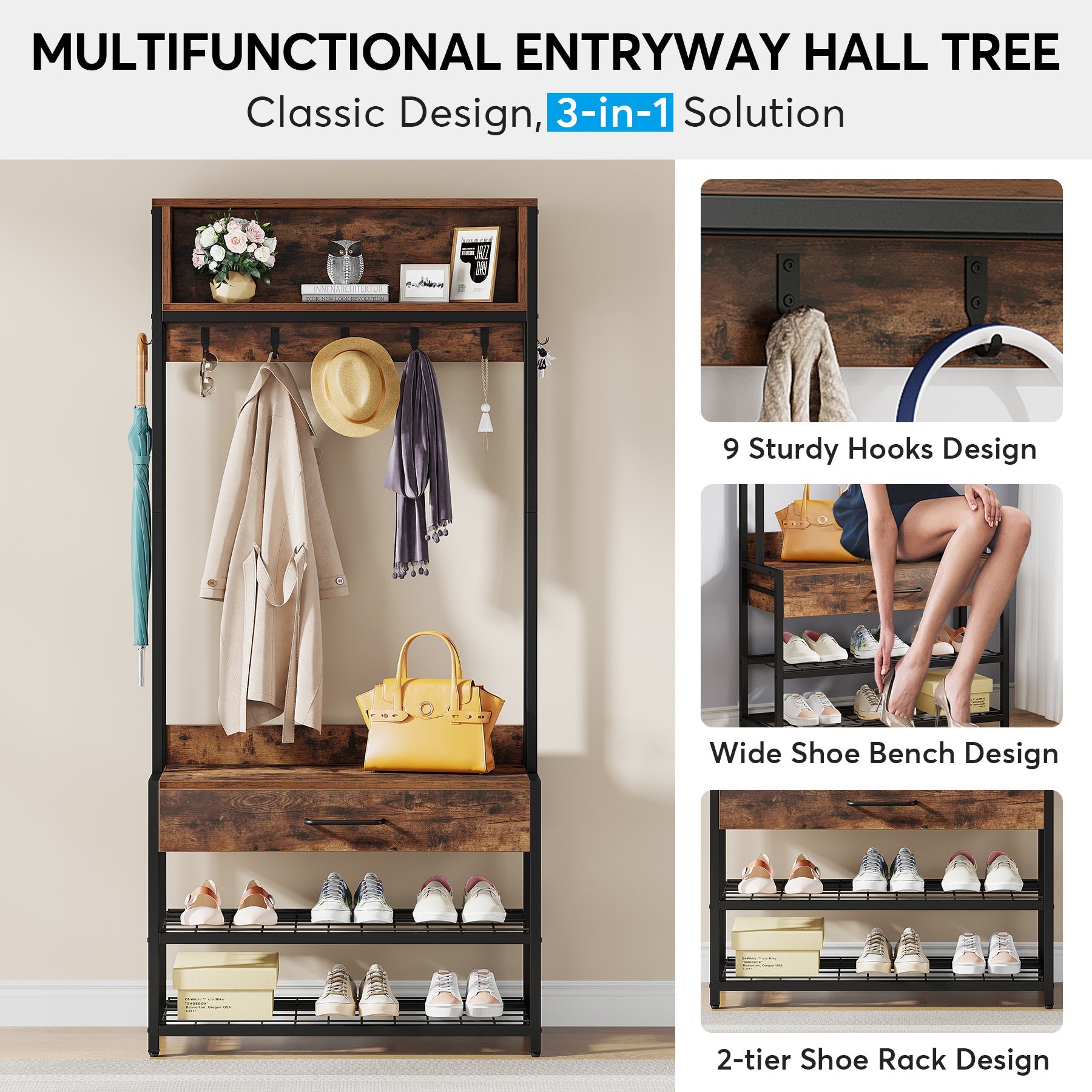 Industrial Coat Rack Shoe Bench, Entryway Hall Tree with Drawer & Hooks (in cm)