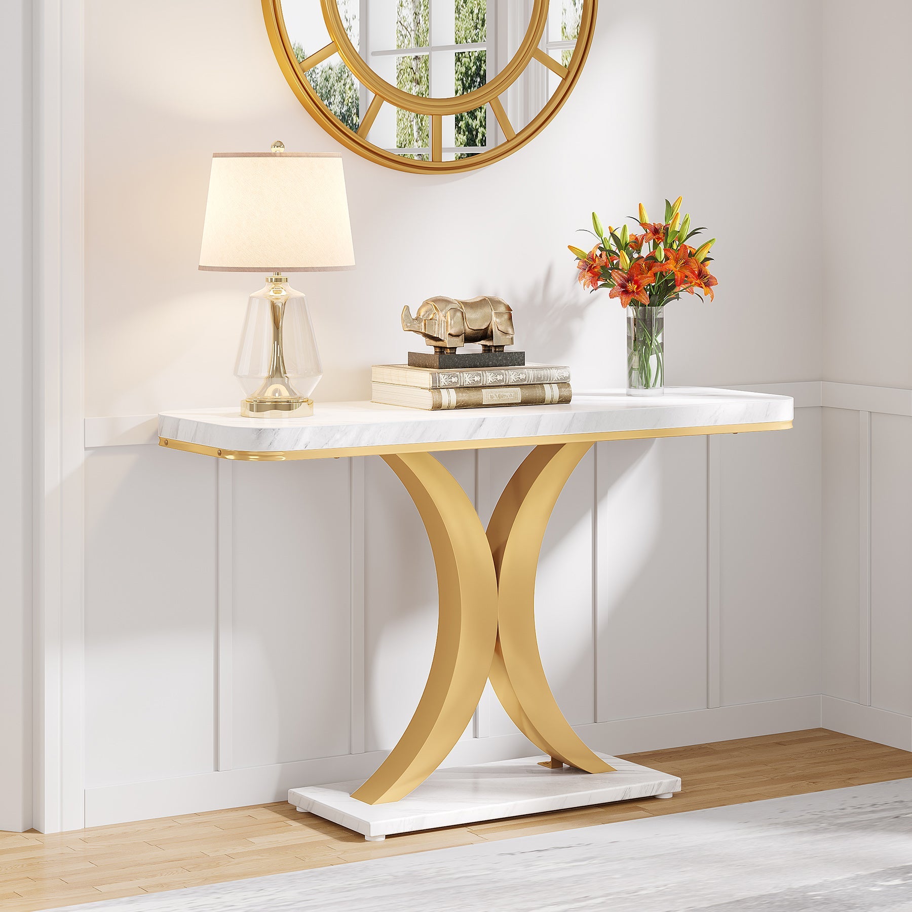 102 cm Console Table, Narrow Entryway Foyer Table with Geometric Base