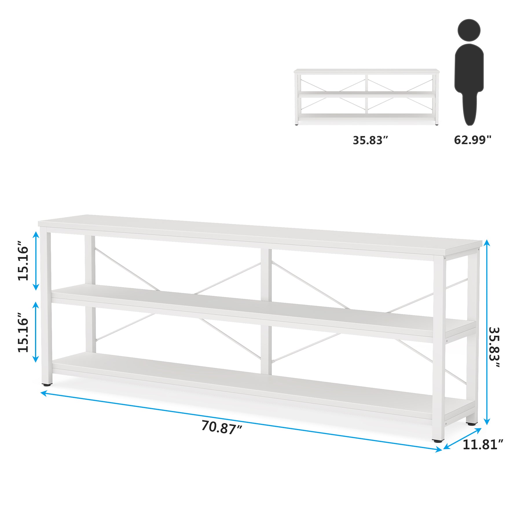 180 cm Console Table, 3-Tier Sofa Table with Metal Frame