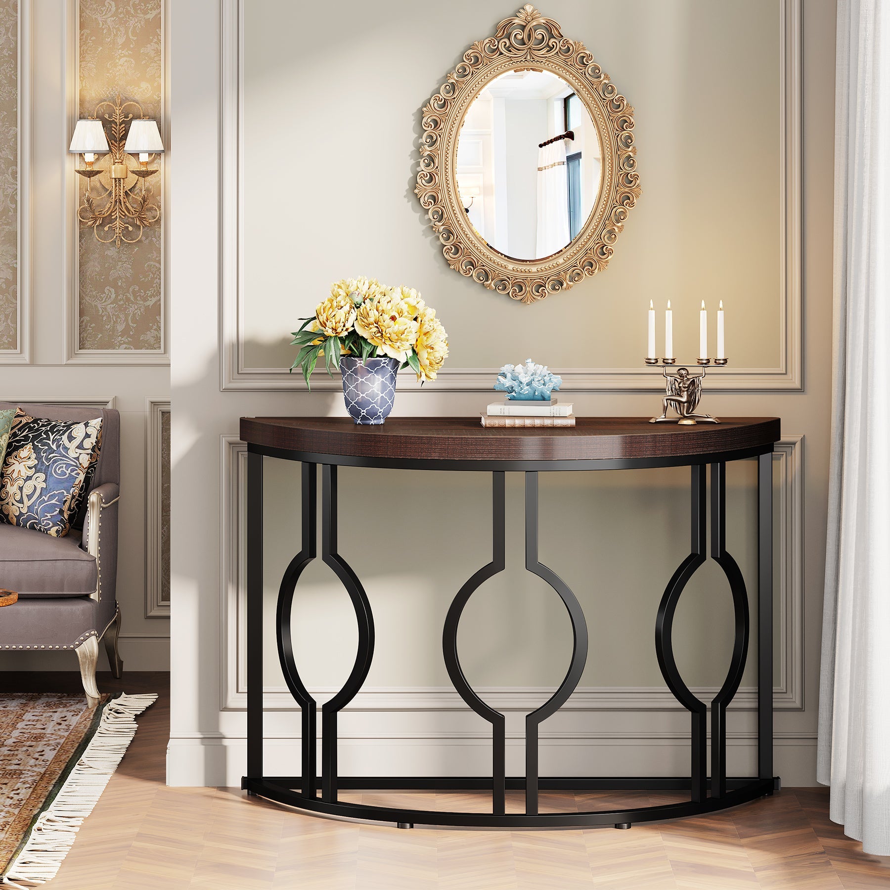 109 cm Industrial Console Table, Half Moon Shaped Accent Sofa Table