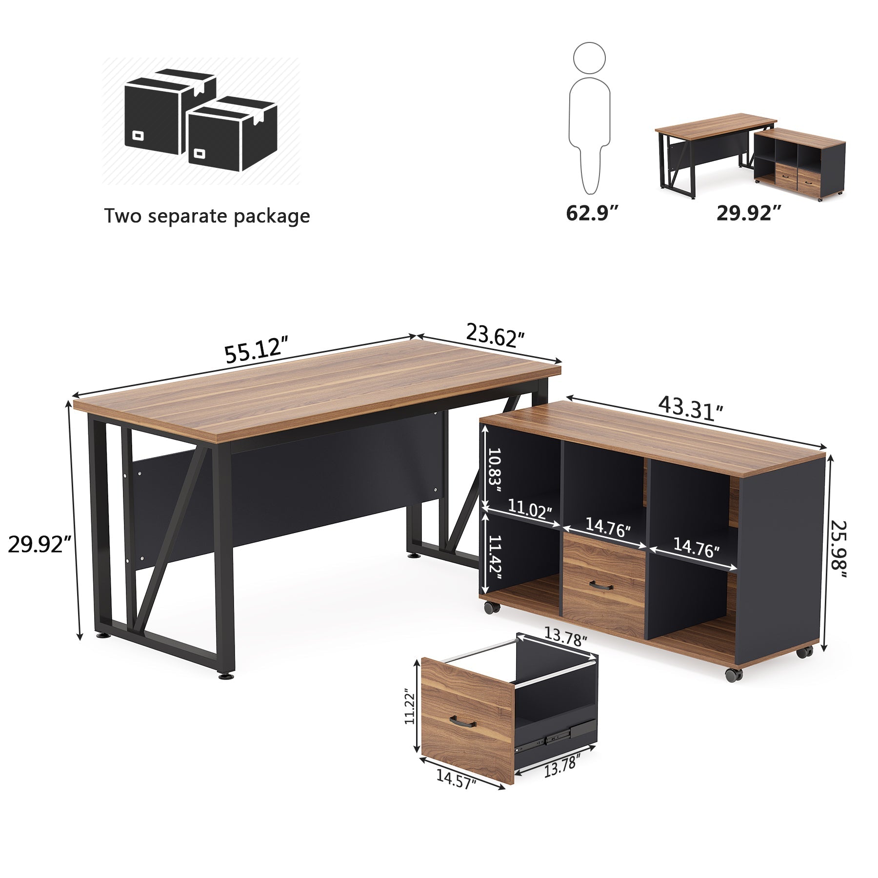 L-Shaped Computer Desk, 140 cm / 160 cm Executive Desk and Mobile File Cabinet