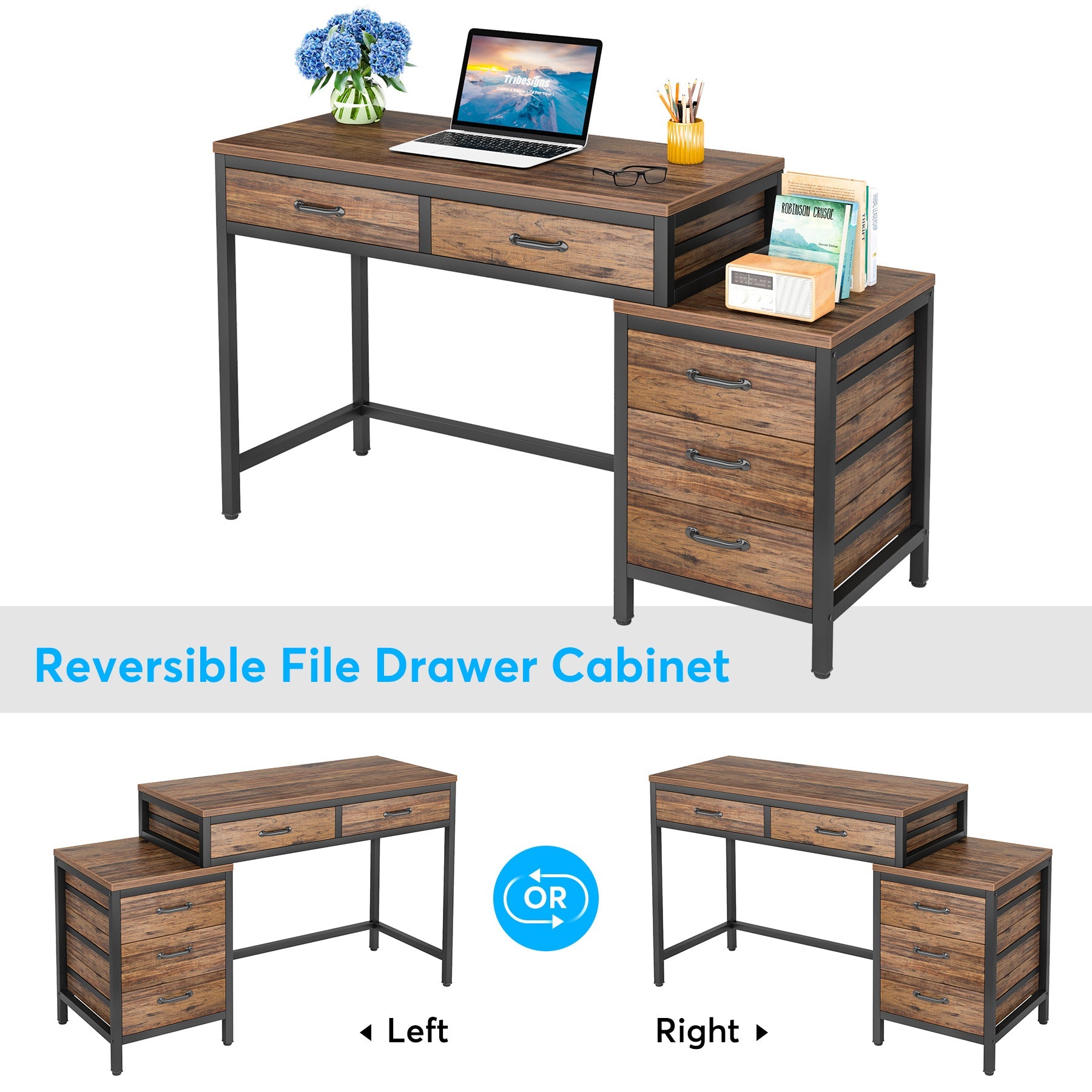 5-Drawer Computer Desk, Study Writing Table with Reversible Drawer Cabinet (Approx. 127 cm)