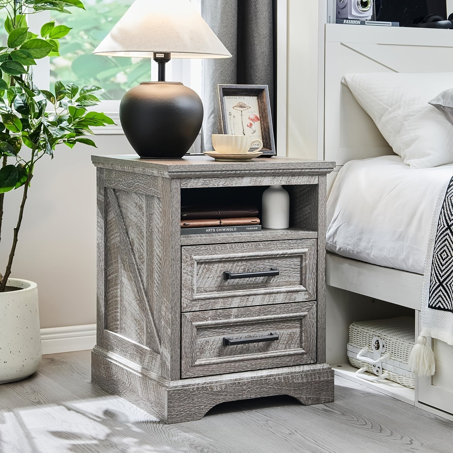 46cm Farmhouse Nightstand With Charging Station, End Table With 2 Drawers Storage, Side Table, Bedside Cabinet For Bedroom, Living Room