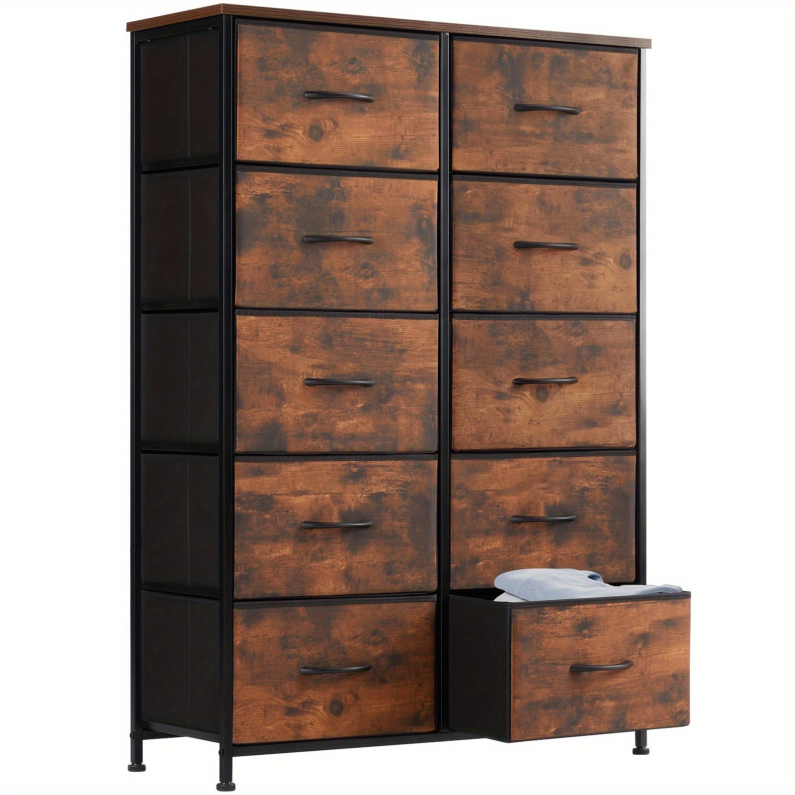 Dresser For Bedroom 10 Drawers, Storage Chest Of Drawers With Fabric Bins, Tall Dresser With Sturdy Steel Frame Clothes Organizer Wood Top For Closet, Hallway, Living Room, Display Stands, Risers