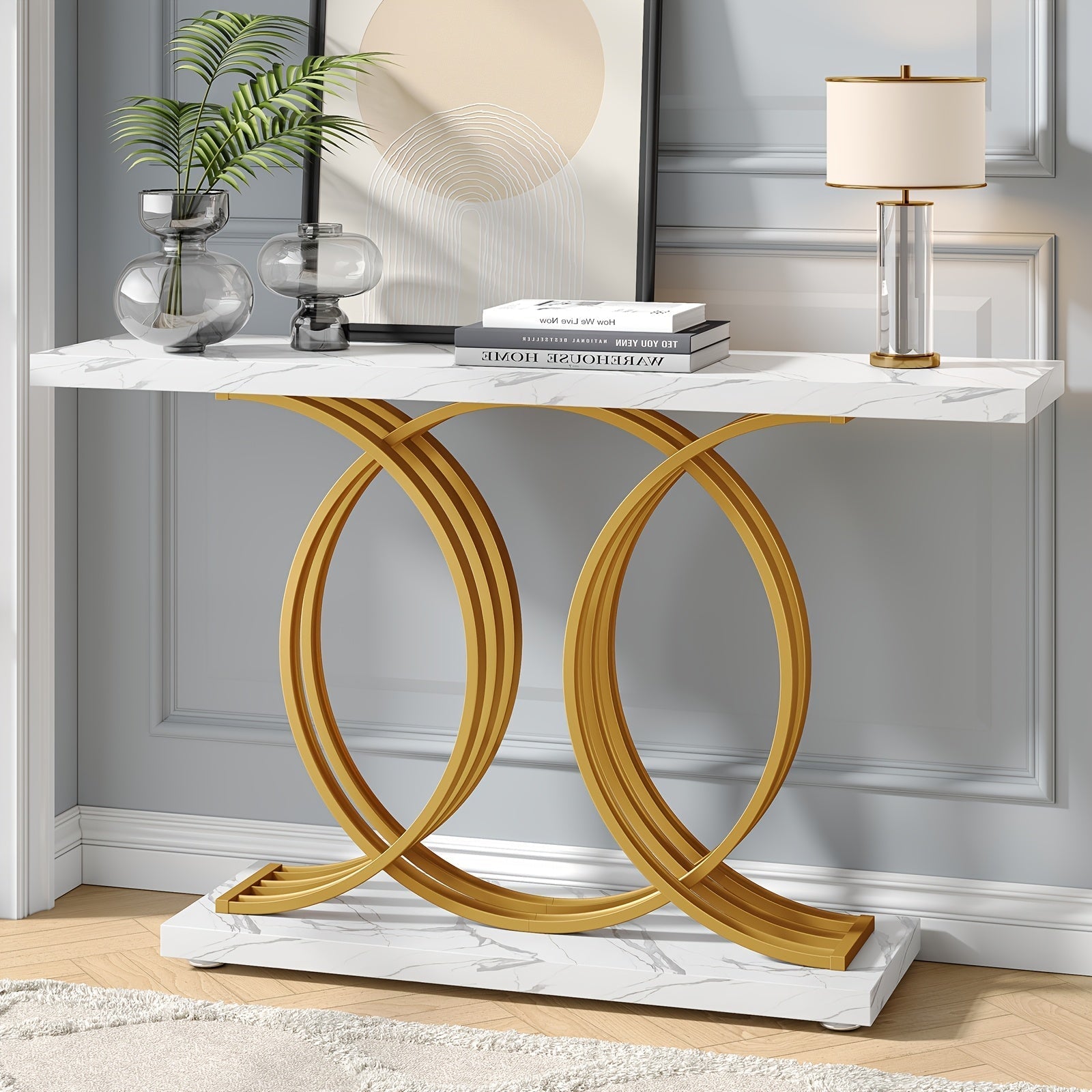 140 cm Console Table For Hallway, Faux Marble Golden Entryway Table With Geometric Metal Base, Modern Narrow Sofa Accent Table For Entrance, Living Room, Foyer (White & Golden)