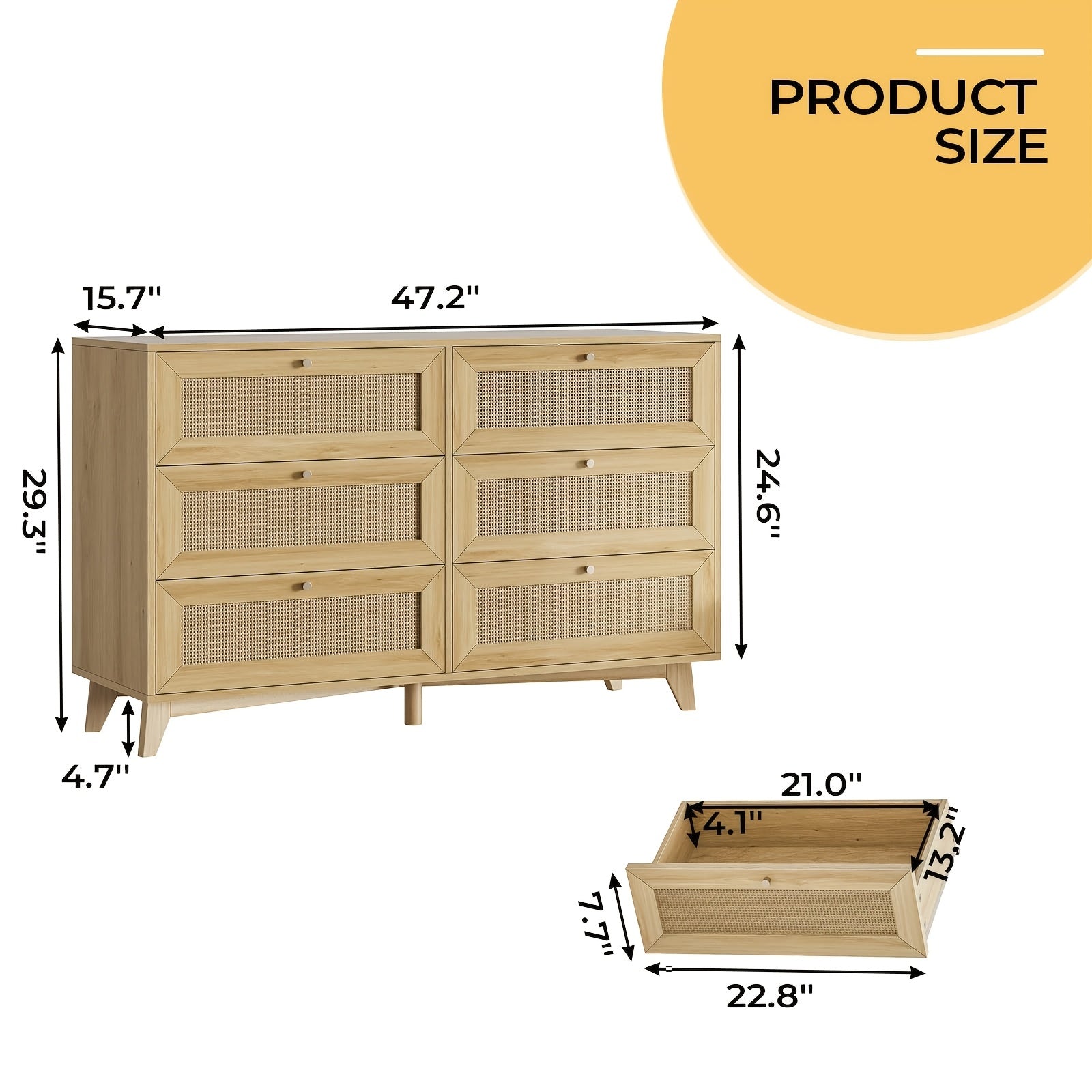 120cm Natural Rattan Dresser For Bedroom With 6 Drawers, Modern Double Wooden Wide Bedroom Dresser, Chest Of Drawers With Metal Handle & Solid Wood Legs For Bedroom/Living Room