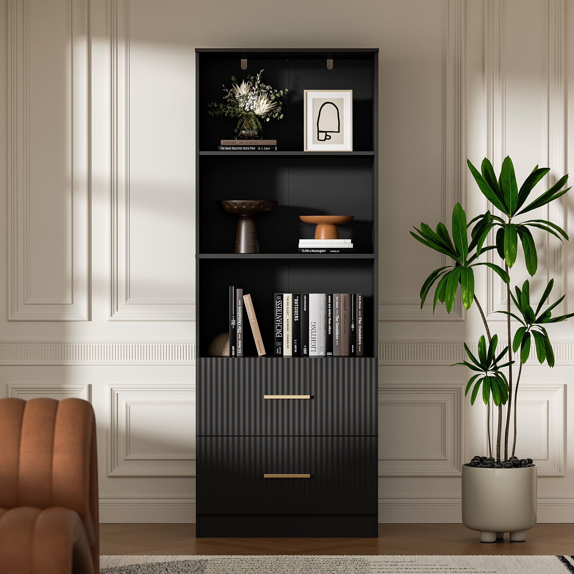 160cm tall bookshelf with 2 drawers, 3-layer modern bookshelf with adjustable shelves, corner open cube shelf, floor display bookshelf, suitable for living room, bedroom, office, white/black/rubber