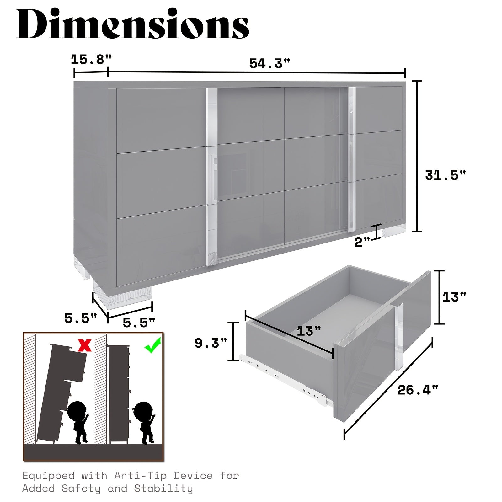 1pc Modern 137cm W Dresser, 6-Drawer Glossy Hardwood & MDF Sideboard with Silver Accents, Freestanding Storage Organizer for Bedroom, Living Room