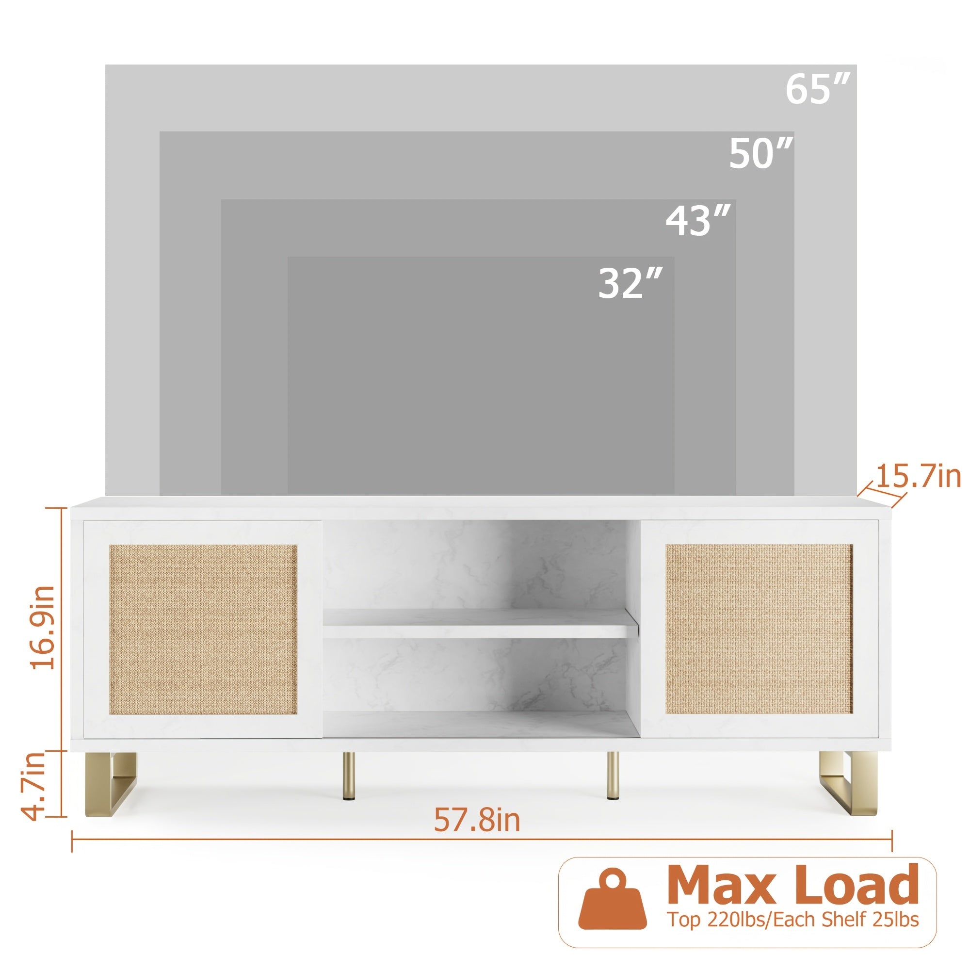 Modern Rattan TV Stand for 65 Inch Televisions, White Marble Entertainment Center, Floor Mount Console with Storage, Doors, and Shelves, for Living Room Bedroom Media Furniture