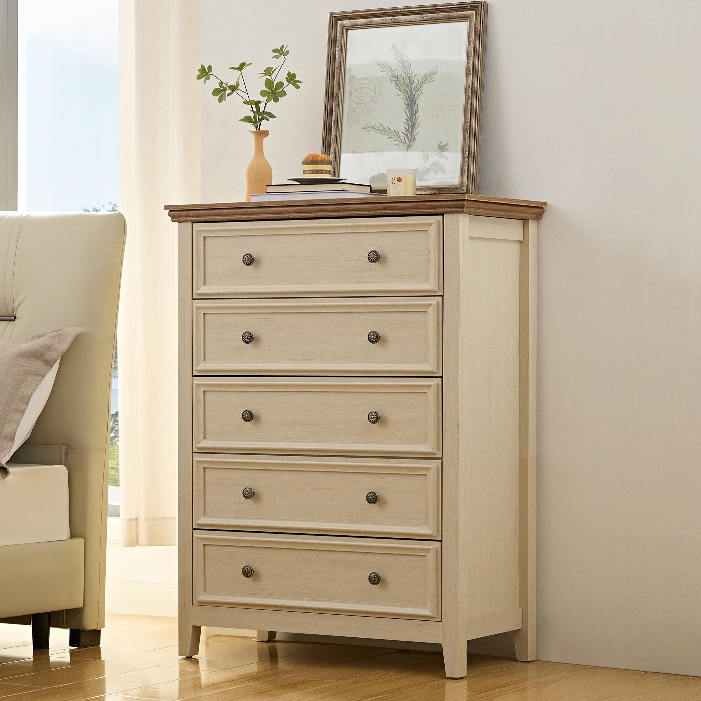 Dresser For Bedroom With 6 Drawers, 5 Drawer Tall Chest Of Drawers For Bedroom Beige Wood, Modern Storage Cabinet With 7 Drawers For Home Office, Dressing Room, Entryway