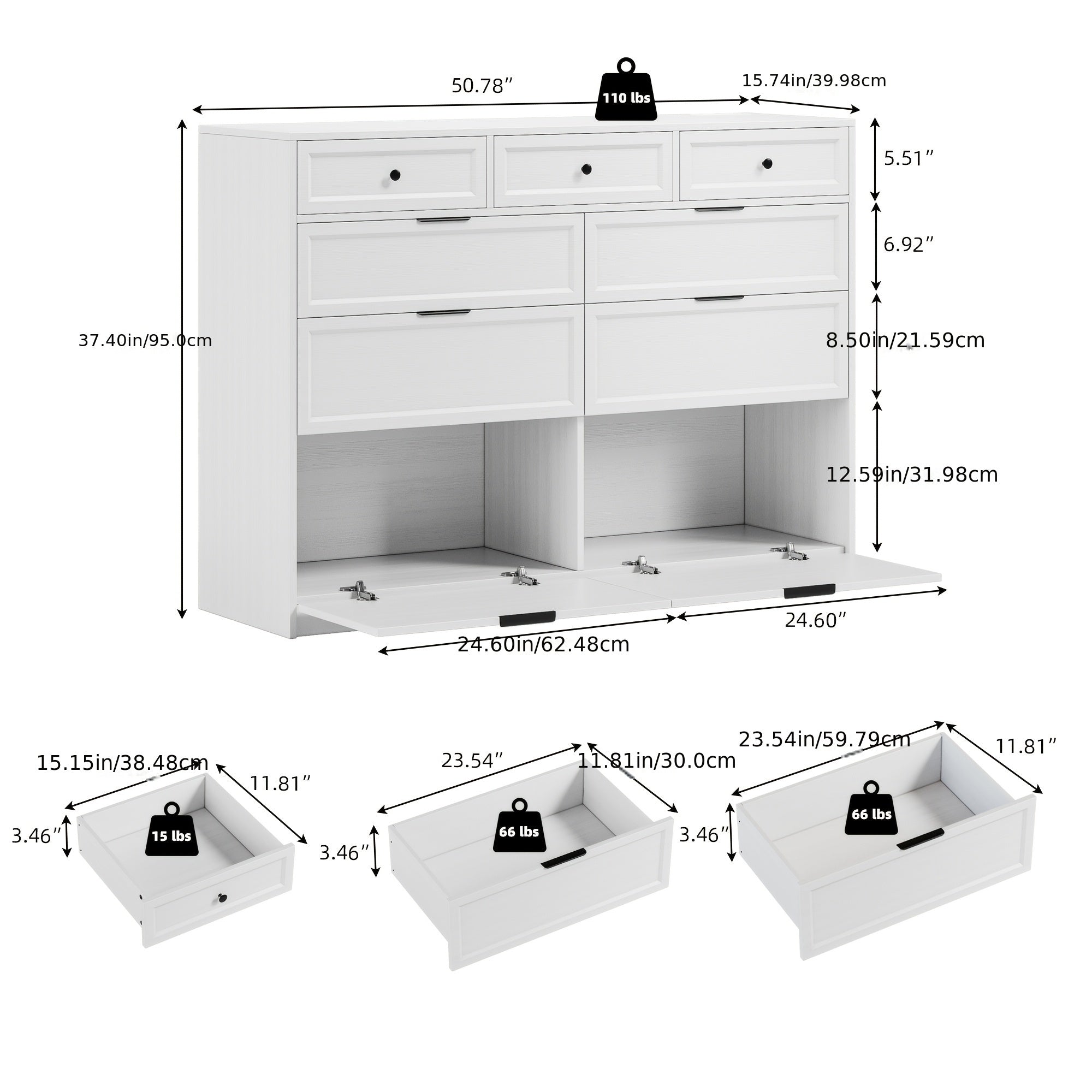 9 Drawer Dresser For Bedroom, 120cm Long Modern Chest Of Drawers With Power Outlet, Mid Century Dresser Fluted Dresser With 2 Flip Drawers, Wide Farmhouse Dresser Chest Of Drawers, Wood Dresser TV Stand