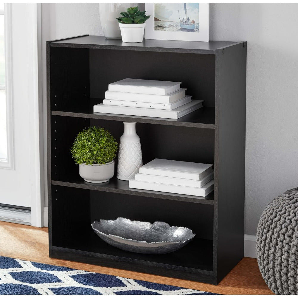 3-Tier Black Oak Wood Bookcase with Adjustable Shelves - Perfect for Home Office