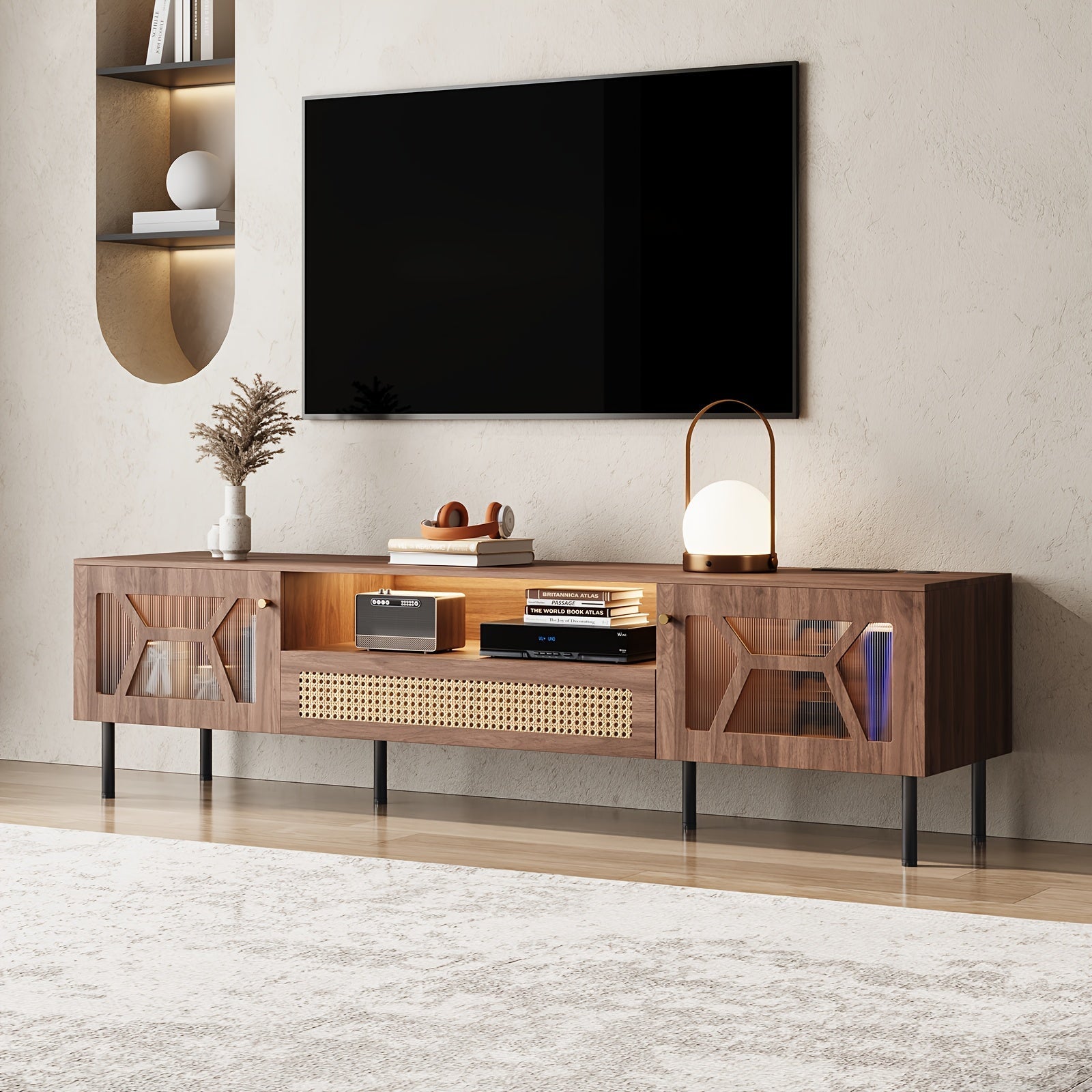 190cm TV Stand, Entertainment Center TV Stand, Acrylic Hollow Doors TV Stand For Living Room Bedroom, Walnut/Oak Color