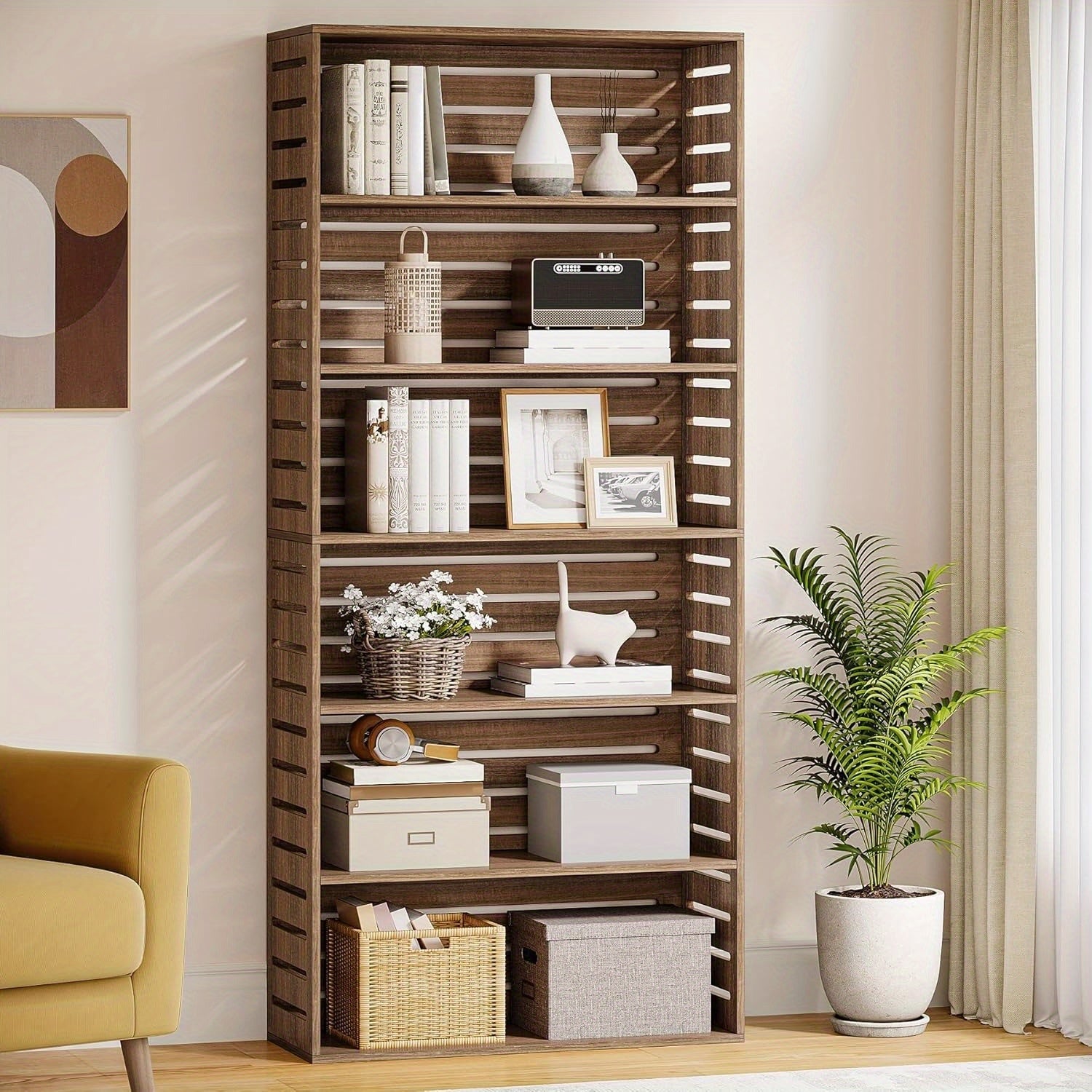 Rustic Brown 6-Tier Wooden Bookcase - 177cm Tall Floor Standing Display Shelf with Storage, Easy Assembly, Anti-Tip Kit Included for Home Office, Living Room, Bedroom