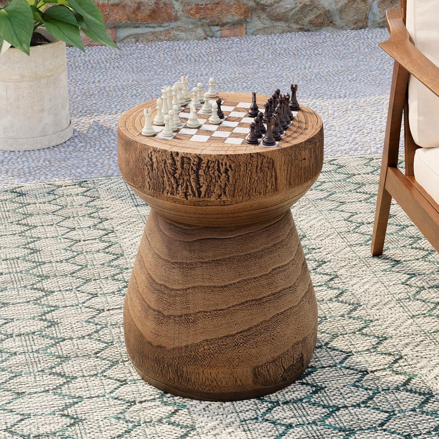 36cm Round Concrete Side Table with Checkerboard Design - Sturdy, Waterproof Outdoor Accent Table with Wide Top for Living Room, Bedroom, or Garden - Versatile Decorative End Table with Natural Aesthetic