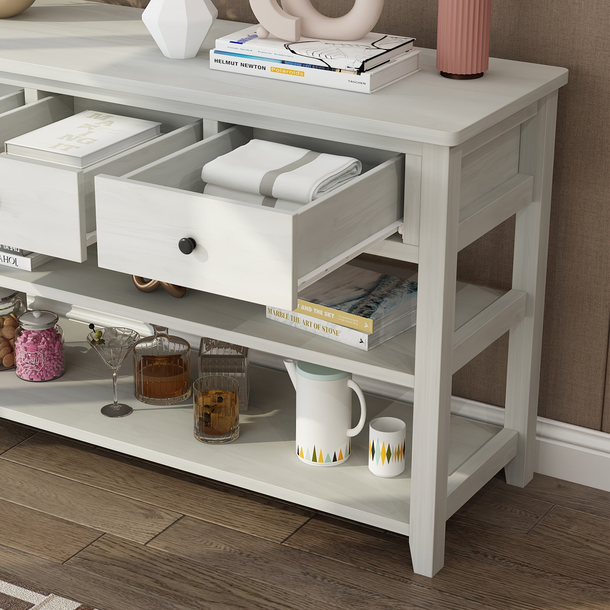 Console Table with Wood Frame and Legs, Sofa Table Entryway Table with 3 Drawers and 2 Open Shelves in Antique White (Measurements in cm)