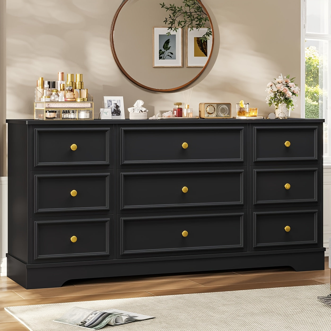 Large 9 Drawer Dresser for Bedroom, 155cm Long Modern Chest Of Drawers, Wide Dressing Wardrobe, Bedroom Furniture Organizer