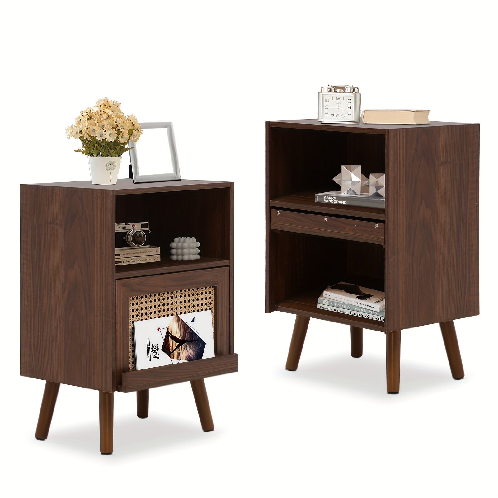 1pc/Set or 2 pcs/Set  Rattan Nightstand, Wooden End Side Table, Bedside Table with Open Storage Shelve and Door, Night Stands for Bedroom Living Room