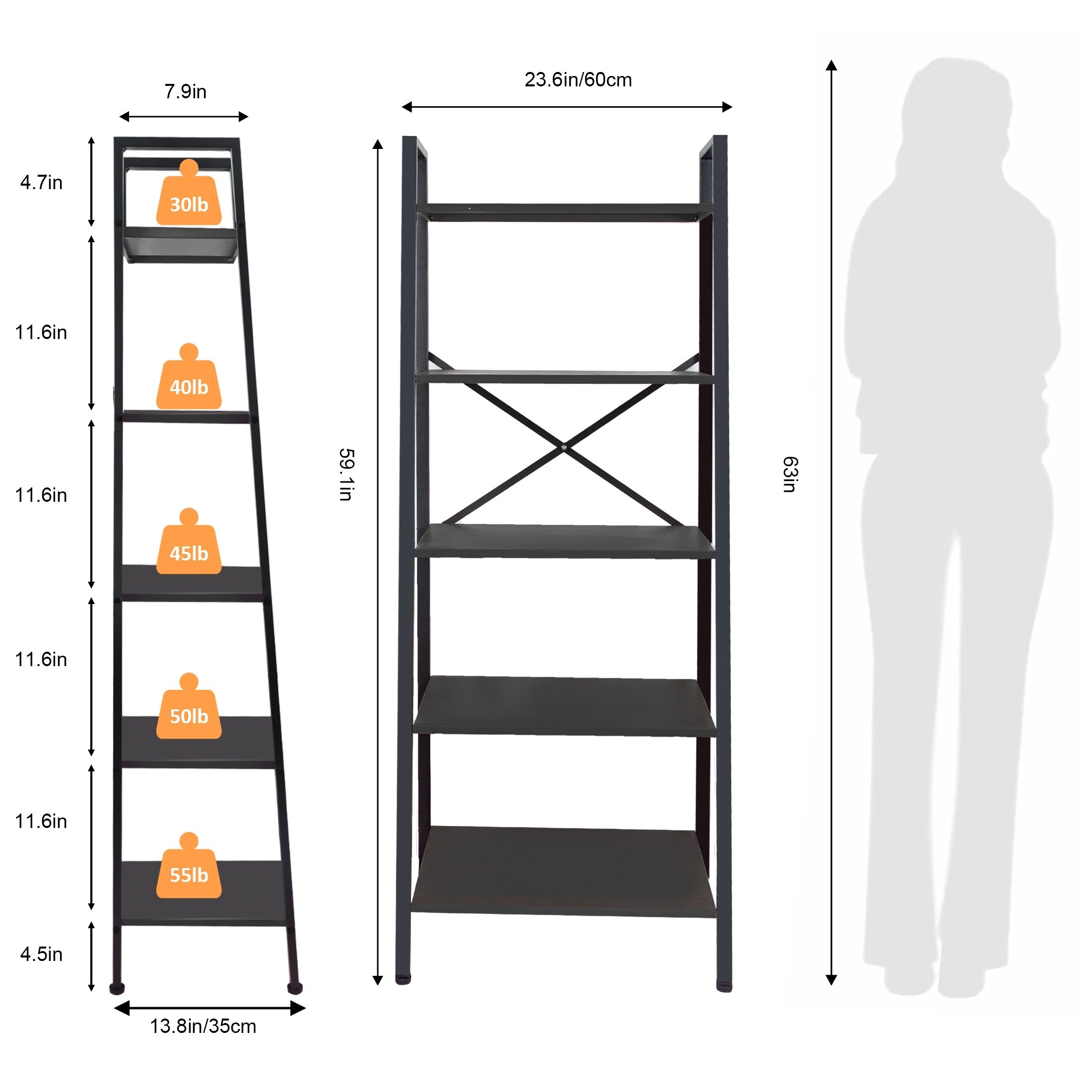 Ladder Shelf 5-Tier, Free Standing Bookshelf With Adjustable Feet, Metal Bookcase For Kitchen, Bathroom, Garage, Small Spaces