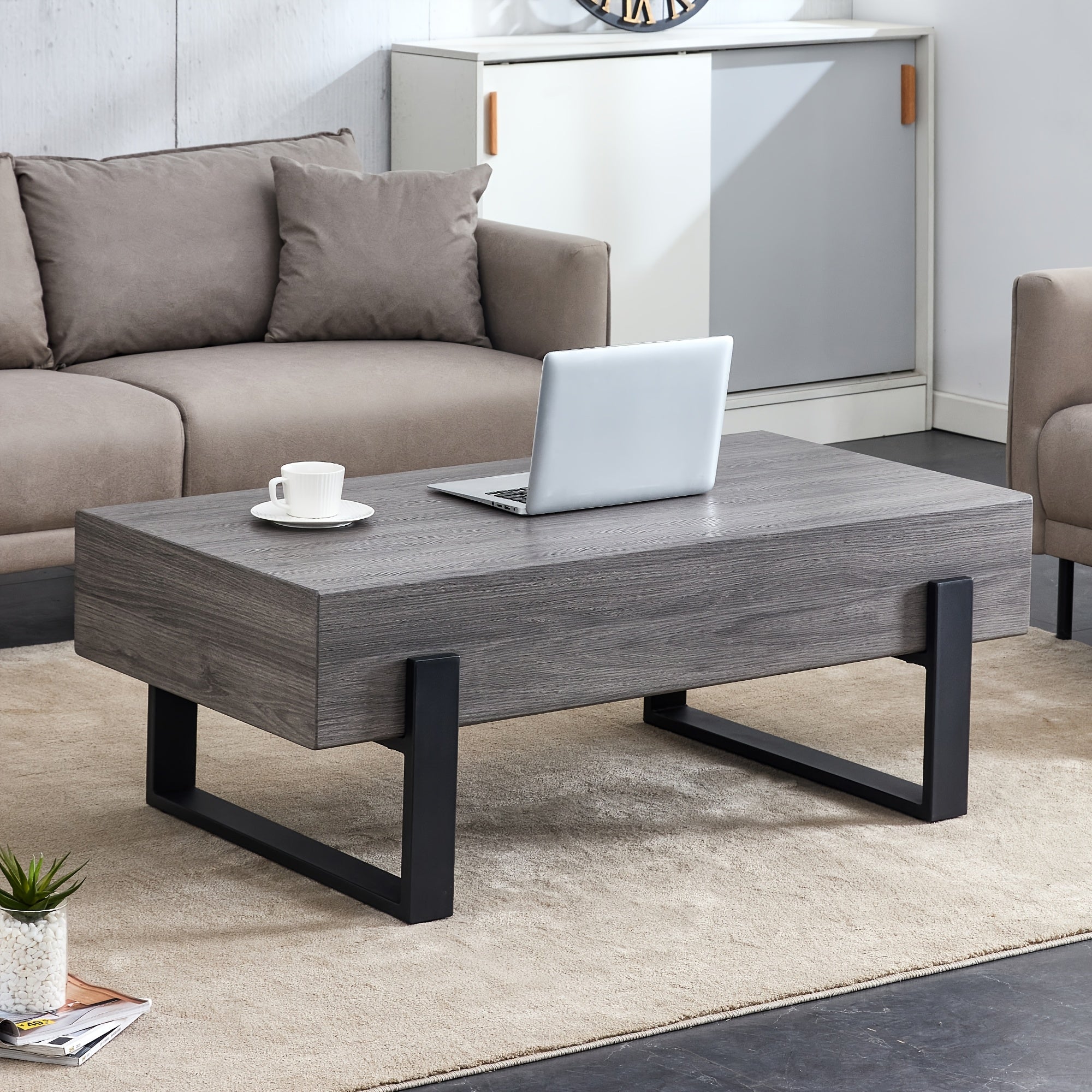 Rectangular Wood Coffee Table Mid Century Modern Coffee Tables For Living Room MDF Top And Metal Legs Framhouse Wood Center Table Tea Table.Easy To Install And Clean, Local Warehouse, Christmas Promotion.