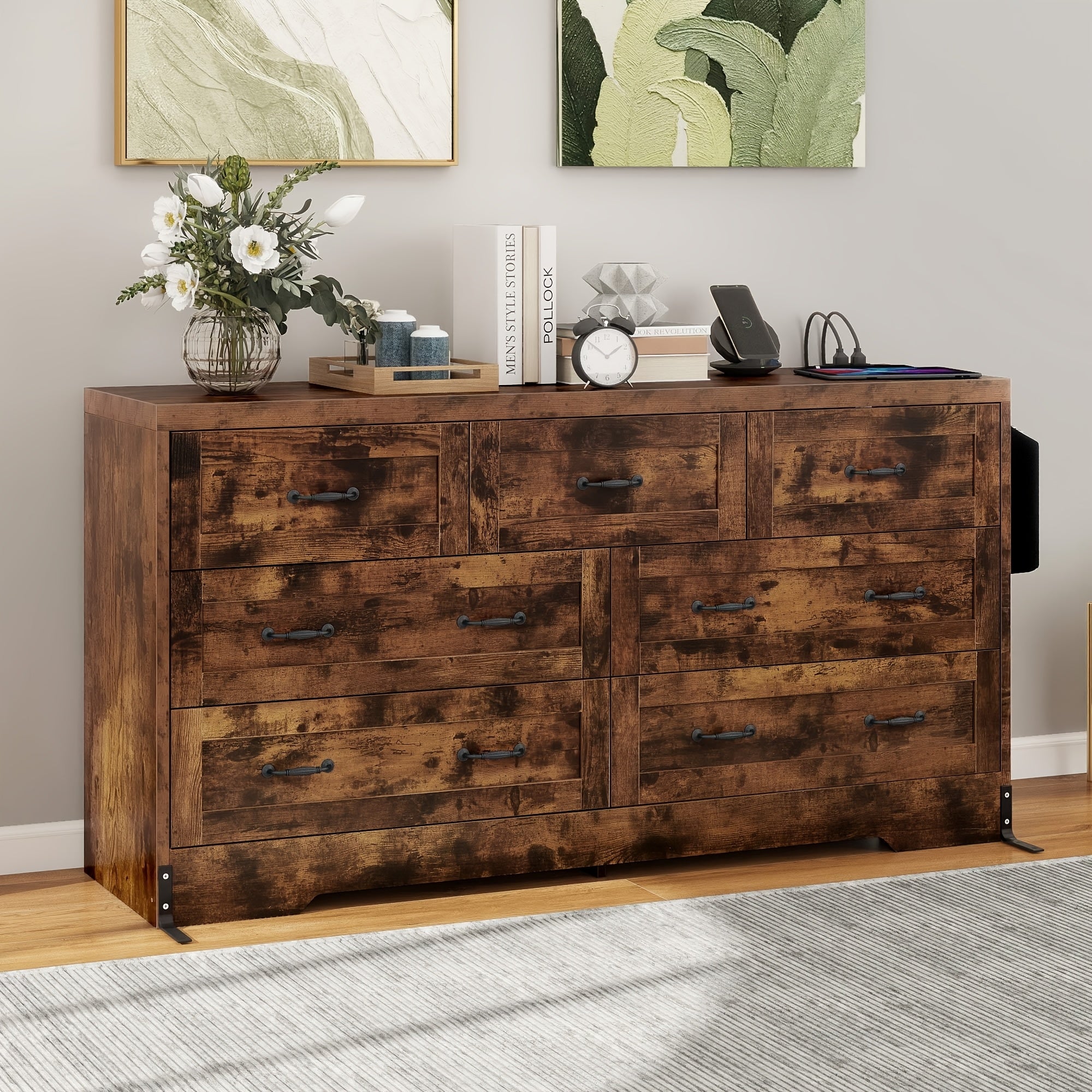 Elegant 7- Drawer Wood Dresser with Charging Station: Versatile Storage Cabinet for Bedroom, Entryway, and Living Room