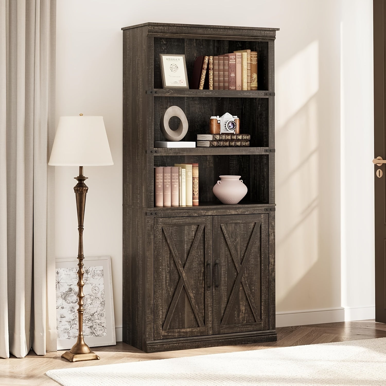 5 Tier Bookshelf With Storage, Farmhouse Bookcases With Doors, 712.9"D X 31.5"W X 68.7"H Bookshelf And Bookcase, Storage Cabinet For Living Room, Home, Office, Bedroom