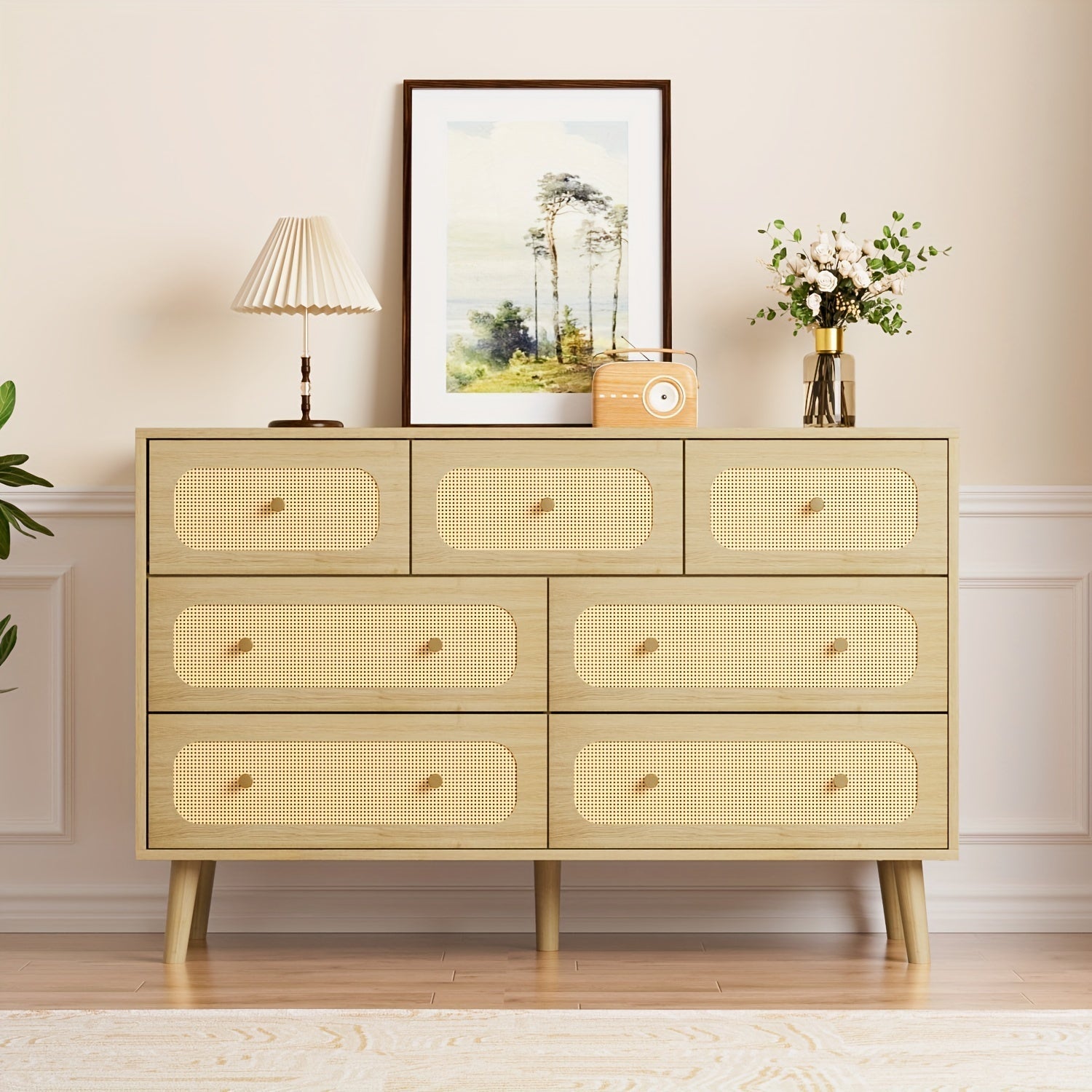 Rattan 7 Drawer Dresser For Bedroom, Wood Boho Double Chest Of Drawers With Storage And Gold Handle