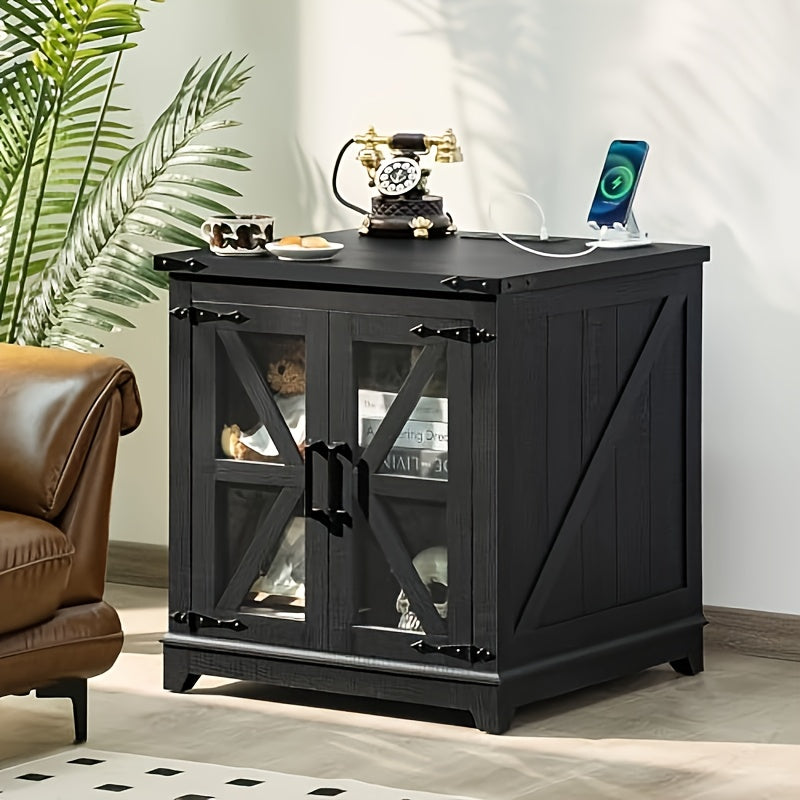 Farmhouse End Table With Charging Station, 60cm Large Sofa Side Table With Glass Barn Door, Black Nightstand With Adjustable Storage Shelf, Wood Square Bedside Table For Living Room, Bedroom