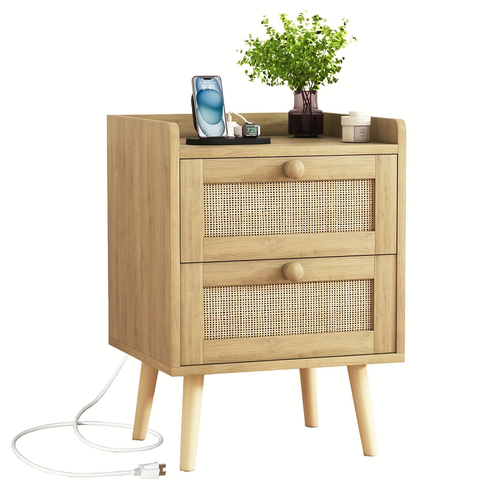 Rattan Nightstand, Bedside Table with Charging Station, Rustic Nightstand with 2 Drawers for Bedroom