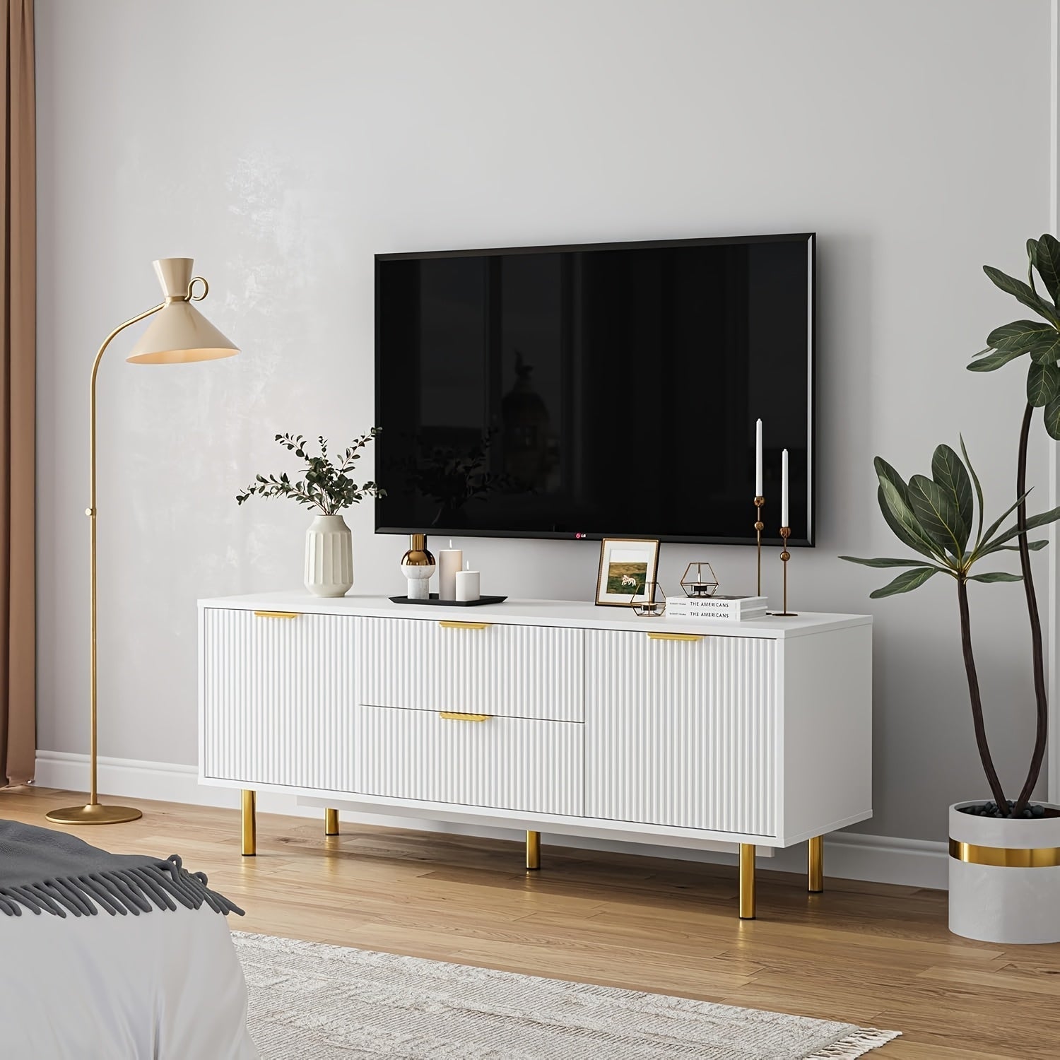 Modern White TV Stand for 165cm+ TVs - Sleek Entertainment Center with Storage Cabinets, Corrugated Panels, and 2 Drawers & Doors, EUKER