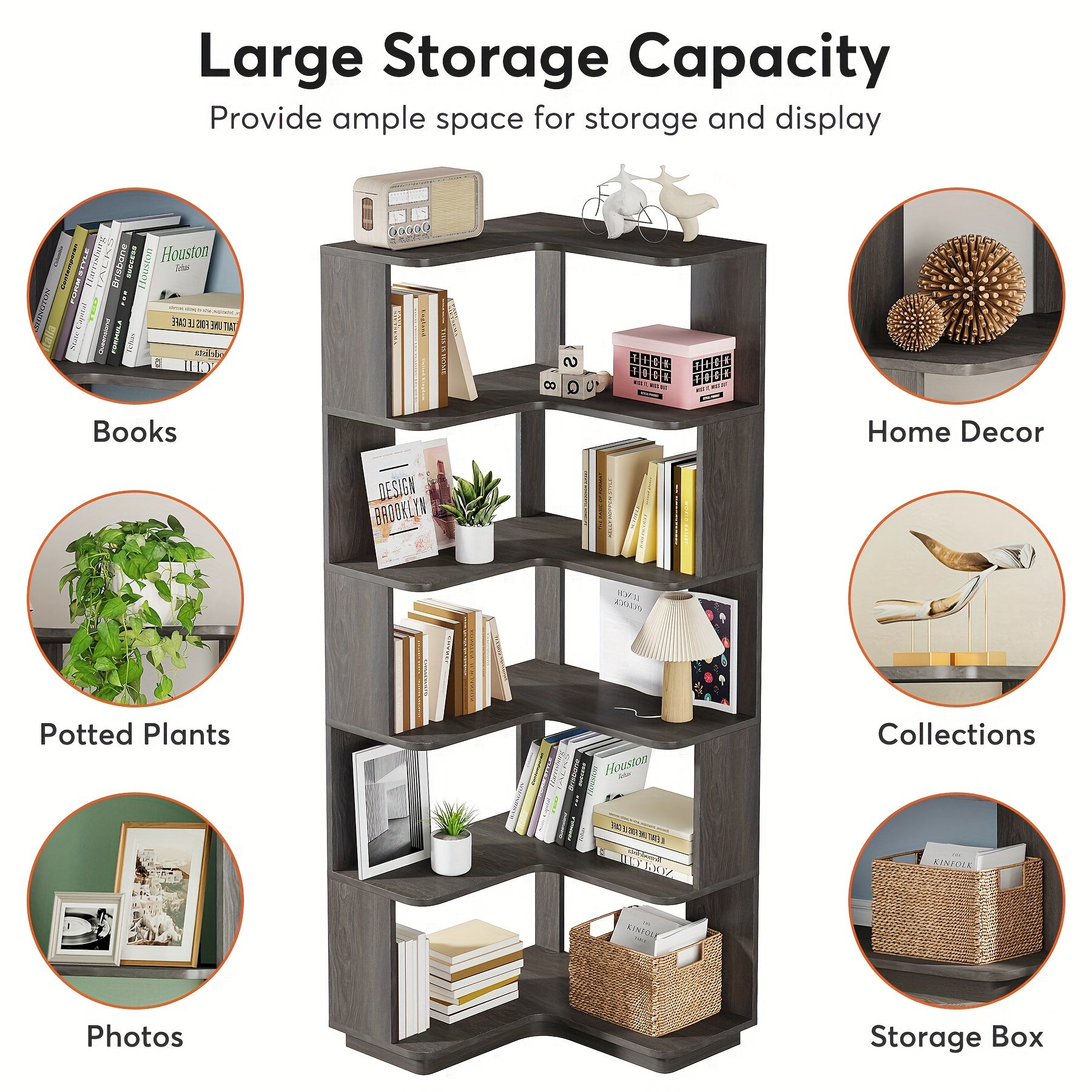 64.9 Inch Tall 6-Tier Corner Bookshelf With Anti-Drop Panel, Industrial Freestanding Display Rack And Storage Organizer For Home Office, Living Room