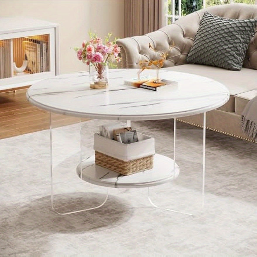 2-Tier Round Coffee Table with Acrylic Frame and High-Gloss Faux Marble White Top, 31.5" Modern Center Table with Storage, Circle Center Cocktail Table for Living Room, Reception Room